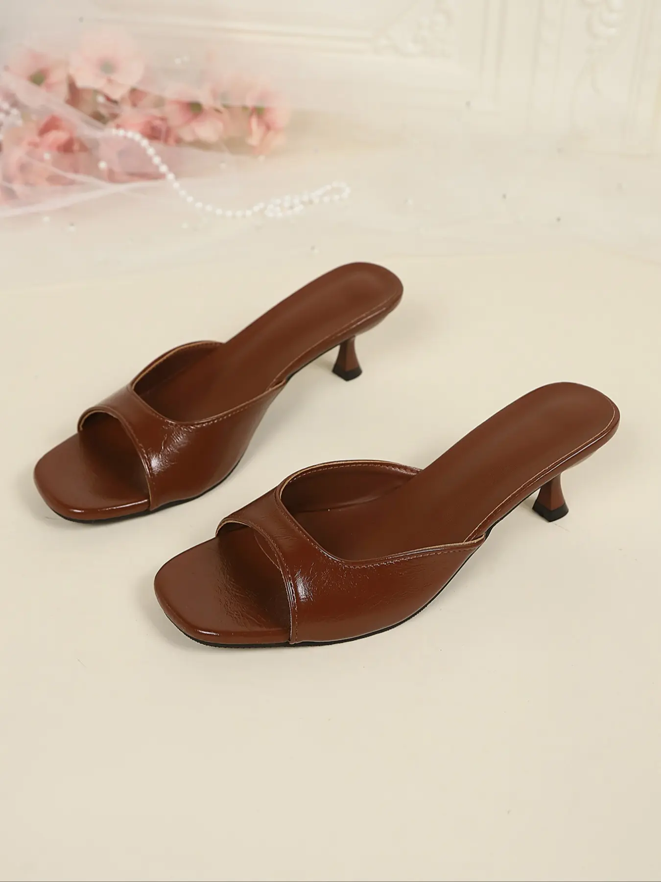Women's Square Toe Kitten Heel Slide Sandals, Elegant Chic Summer Footwear Shoes, Single Strap Backless Design #KittenHeels #SquareToe #SlideSandals #WomensFootwear