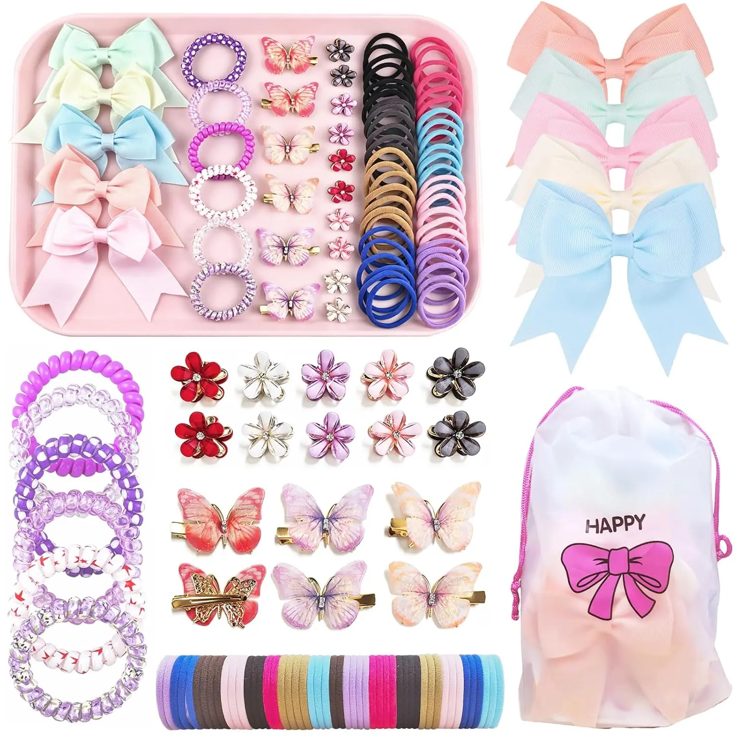 Girls Hair Accessories Set 77 count  In    Hair Tie Clip Kit | No Pull Hair Ties Soft Elastic Smooth No  Edges Storage Bag  To School  Birthday Christmas