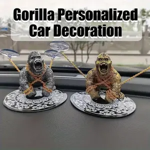 Aggressive Golden Gorilla Car Dashboard Decor - Non-Slip Base, Durable Plastic Figurine with Secure Placement - Metallic Finish, Dynamic Pose Bold Statement Piece for Auto, Desk Use