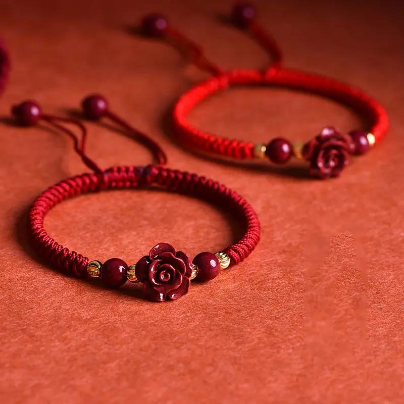 Cinnabar Rose Red String Bracelet with 18K Gold Accents for Love Prosperity and Protection Elegant Design Perfect for Any Occasion