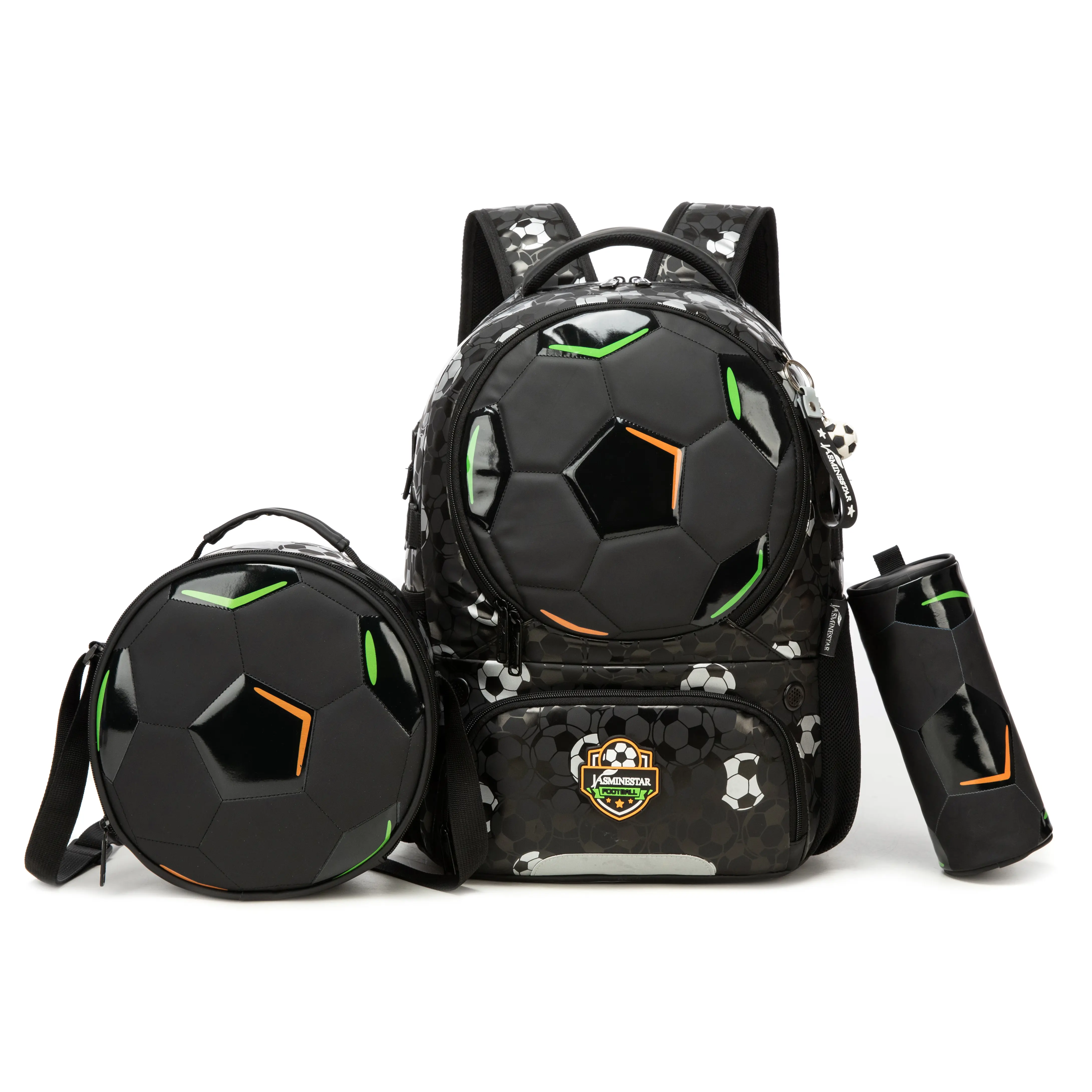 3-Piece Boys Soccer School Backpack Set | Cool 3D Embossed Football Bookbag with Round Lunch Box & Pencil Case | Black & Green Sports Schoolbag for Kids, Elementary