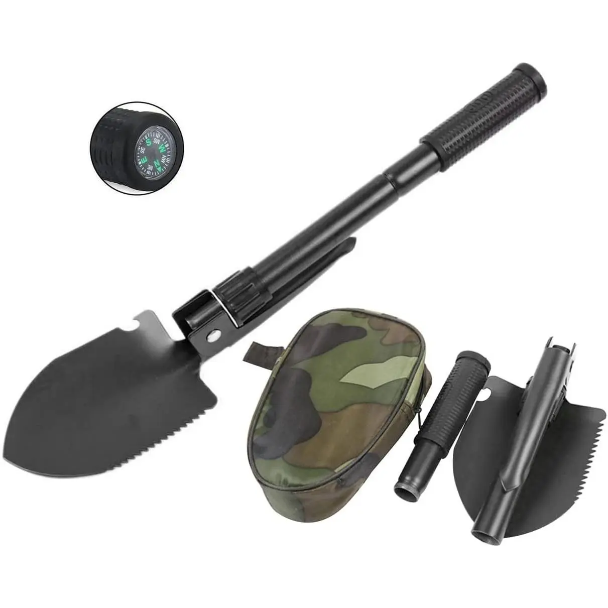 Compact Folding Camping Shovel and Mini Pickaxe with Carrying Pouch for Gardening, Off-Road, Hunting, Car Emergency, Ice Removal (Black)