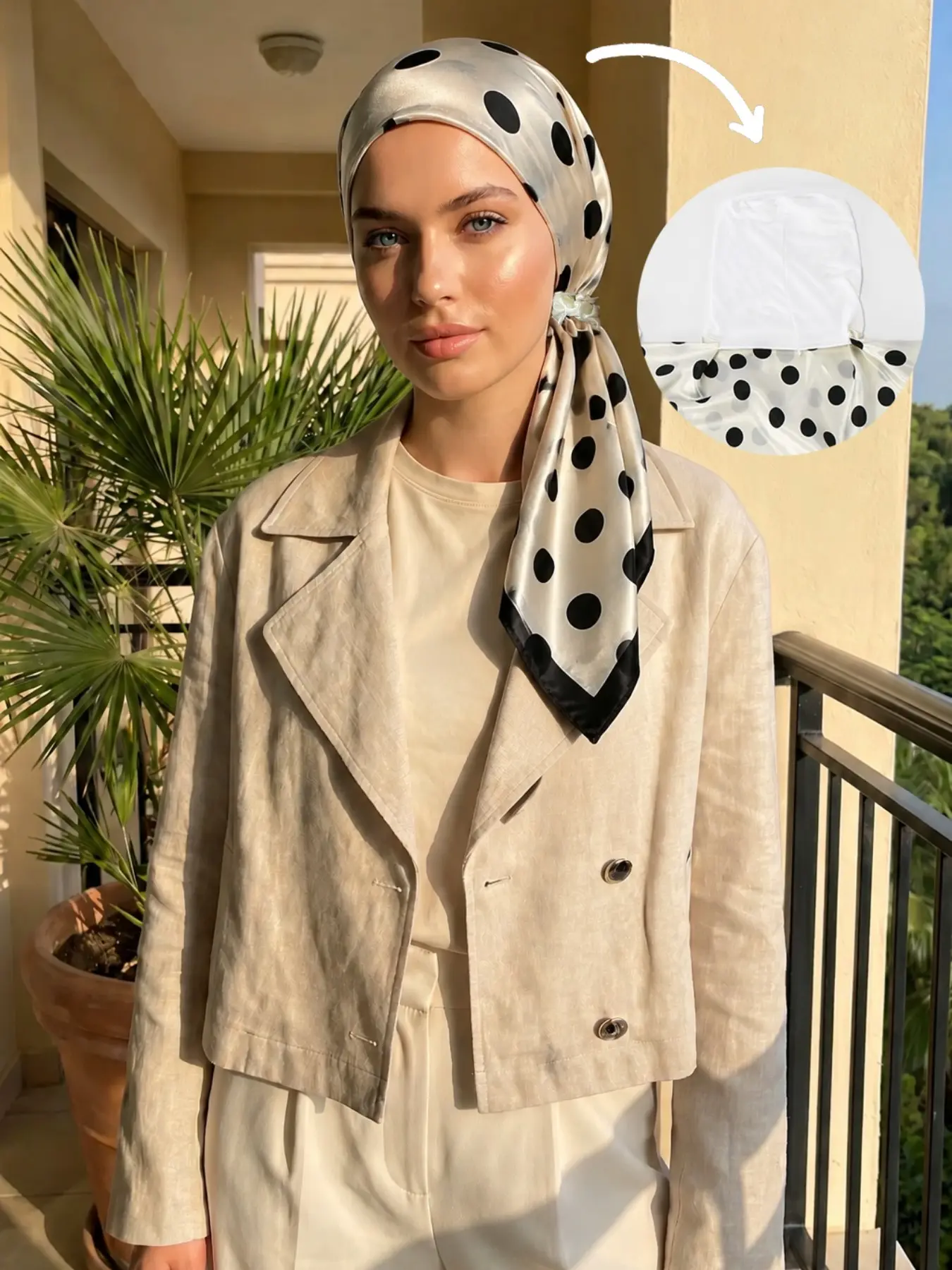 Women's Polka Dot Print Hair Tie Scarf for Hair Hat, Silk Cotton Base Cap with Rhombus Handkerchief, Casual All-Season Abaya Accessory