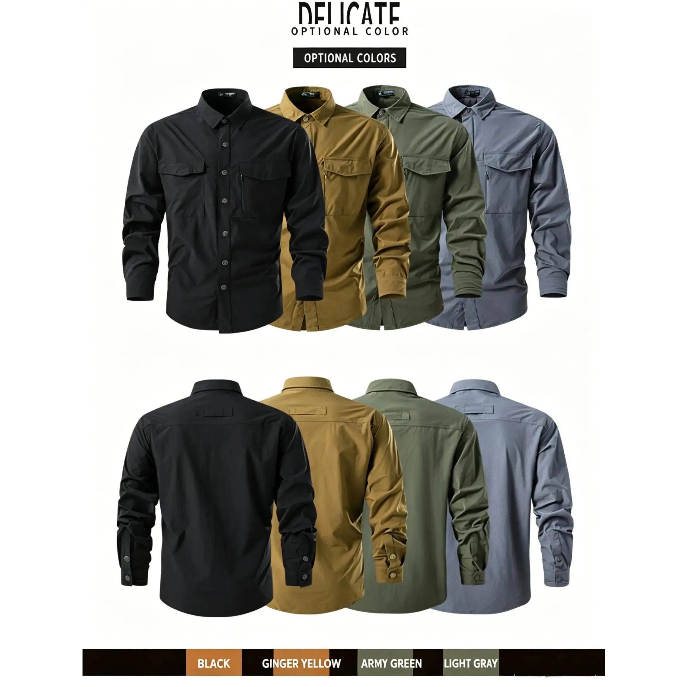 Men's Plain Longsleeves Tactical Shirts (2-Pack) - Menswear Full Length Military Cargo Tops, 88% Nylon 12% Spandex, Quick Dry, Moisture Wicking, Water Resistant, Lightweight, Breathable, Regular Fit, Durable, Chest Pockets for Hiking, Daily Work Wear