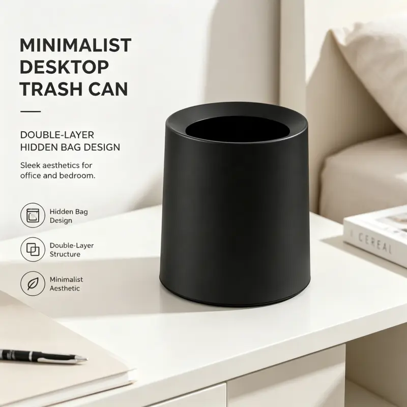Concealed Trash Bag Desktop Trash Can Double Layer Minimalist Aesthetic Round Small Garbage Bin for Study Work Desk