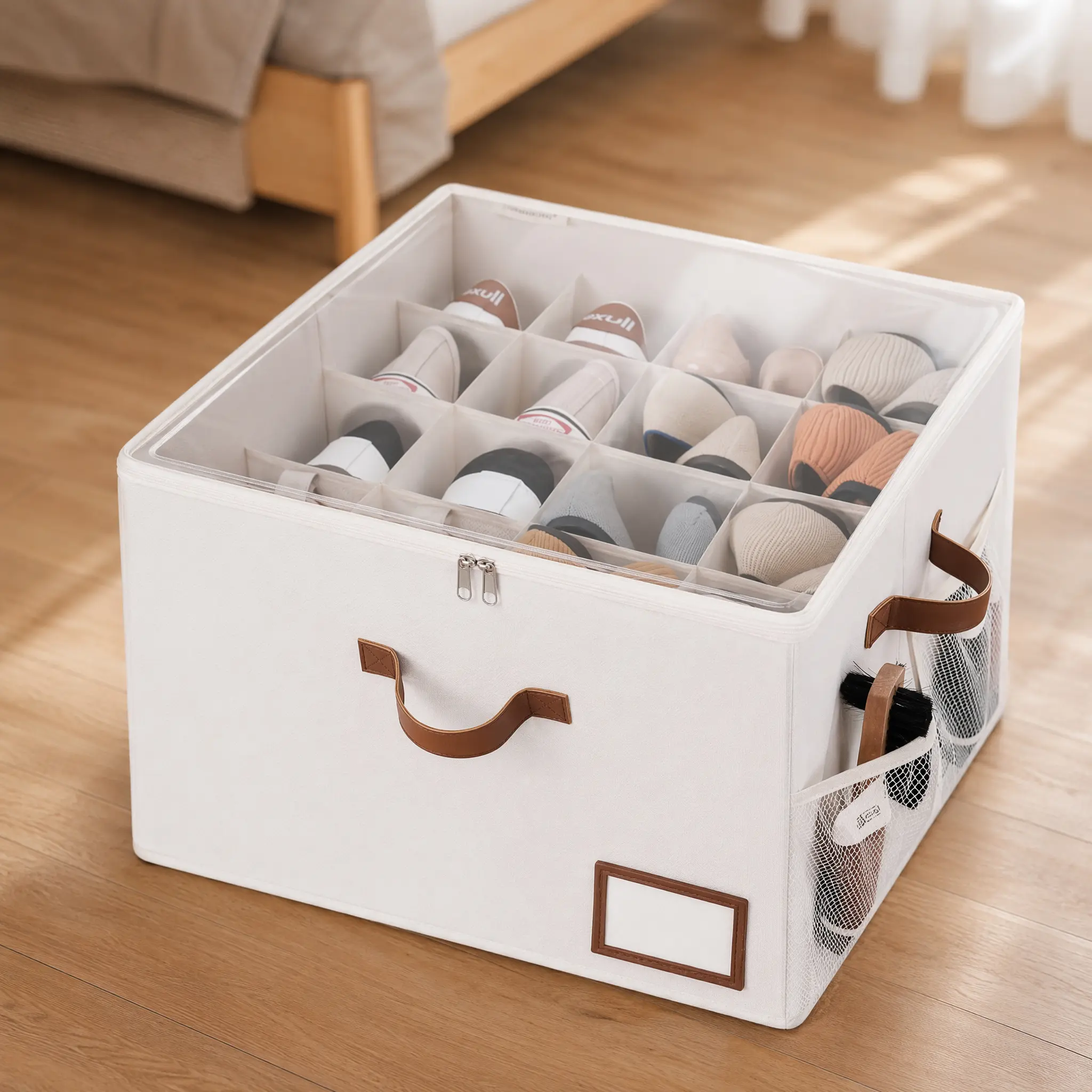 16-Pair Under-Bed Shoe Bins – Clear Top for Easy View, Side Mesh Pockets for Extra Storage, Durable Fabric Containers for Slippers, Flats & Sandals, Beige Gray