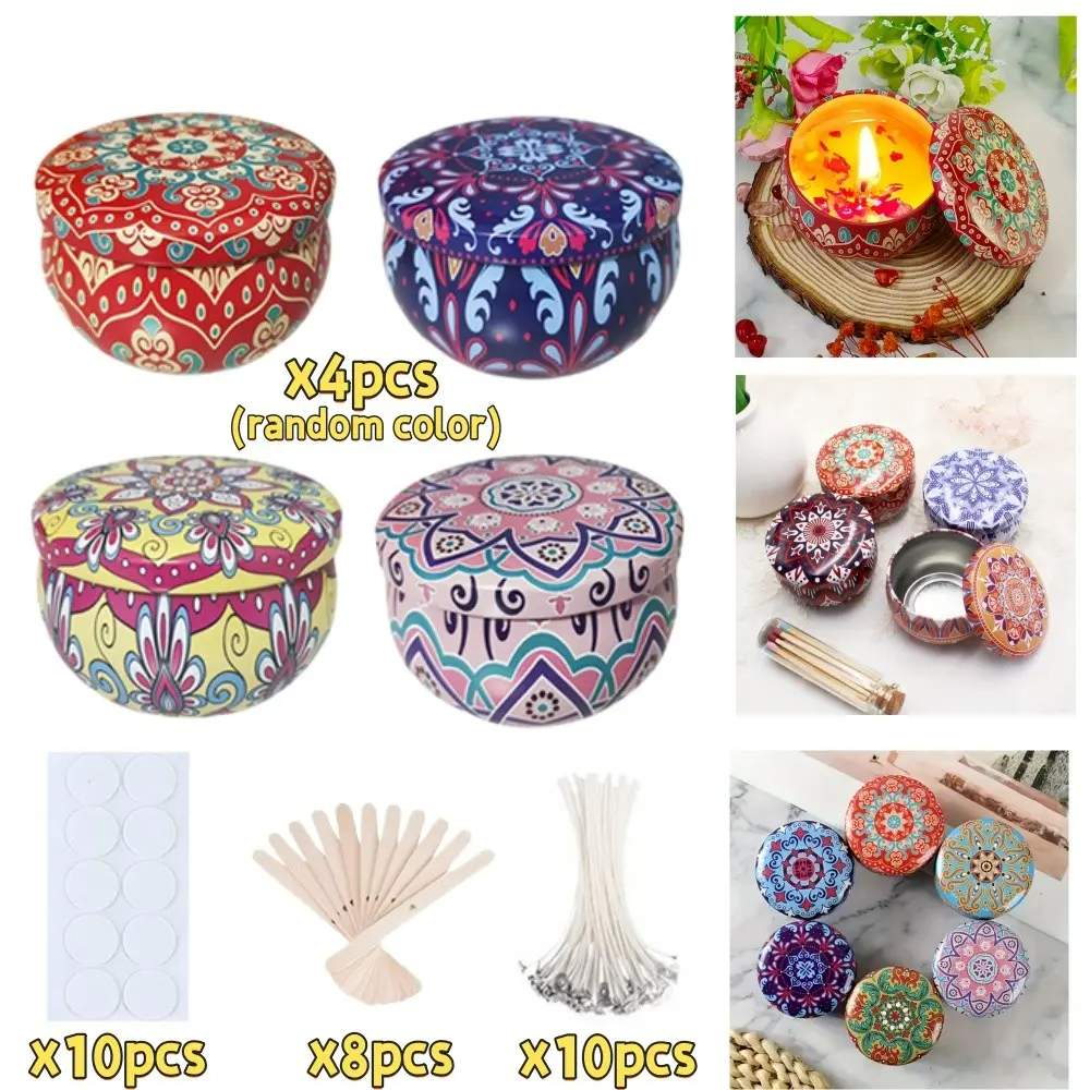 32pcs candlestick and accessories set, 4 retro patterned iron candle holders and 28 production accessories (10 candle wicks, 10 stickers, 8 wooden holders), used for DIY candle making, dining tables, wedding parties, Christmas, Halloween home decoration