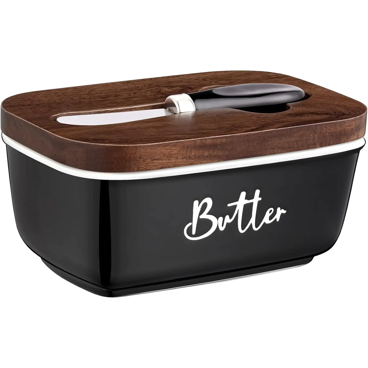Black Butter Dish with Lid and  for Countertop - Airtight Ceramic Butter Keeper Container with Thick Acacia  Lid for Counter or Fridge - for  Kitchen Decor and Accessories