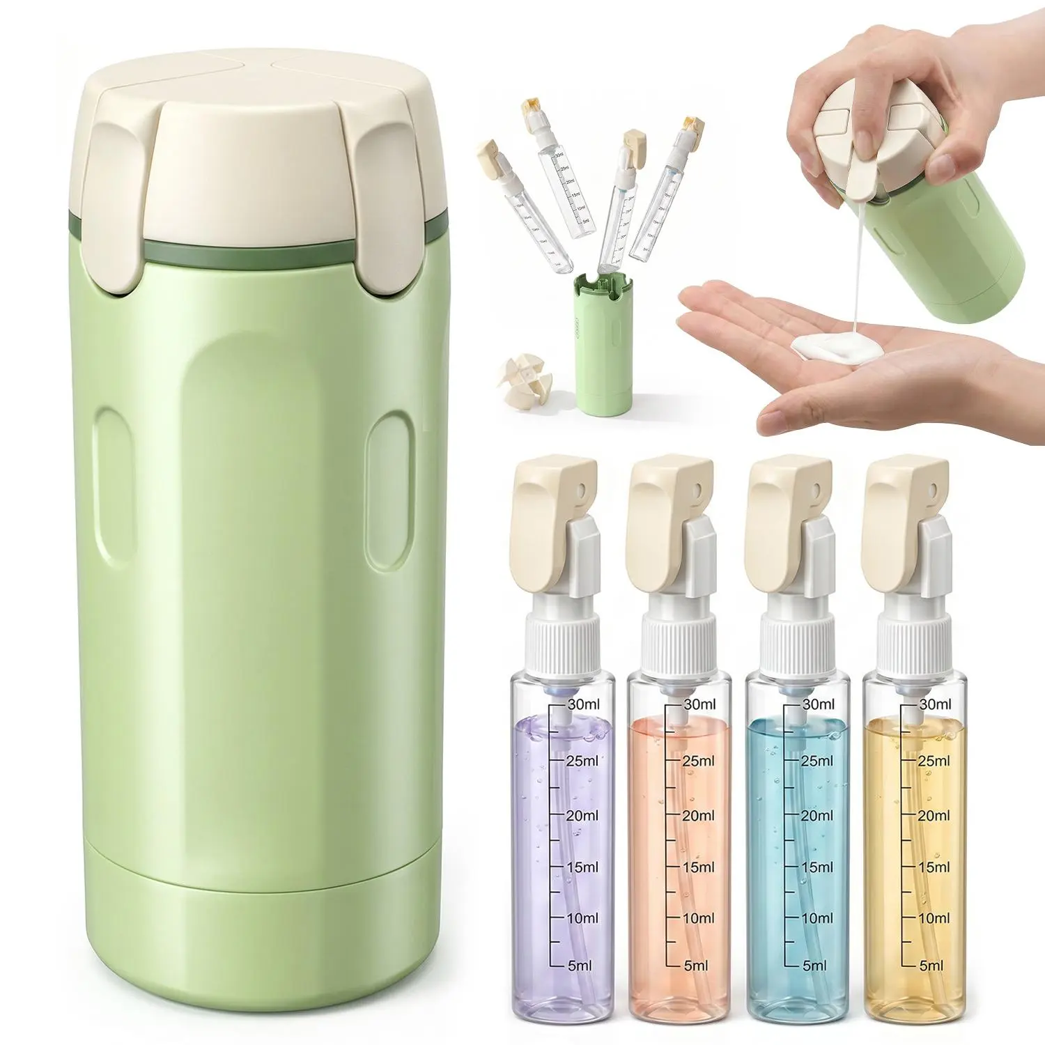 4-in-1 Travel Toiletry Dispenser, 4-Pack 30mL Refillable Travel Bottles, Leakproof Portable Containers for Shampoo, Conditioner, Body Wash & Lotion, Camping and Vacation Essentials