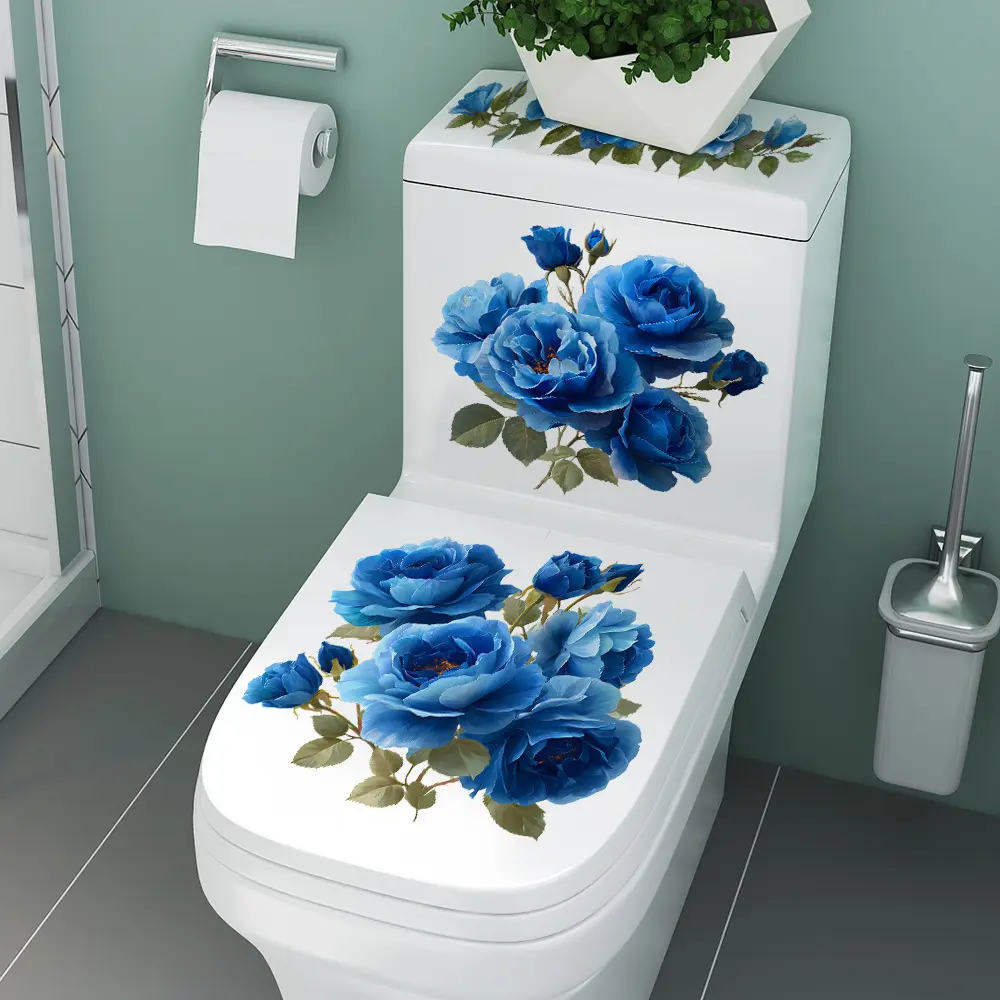 Aesthetic 3D Simulation Blue Rose Toilet Sticker - Creative Waterproof Floral Decal for Bathroom Decor, Vivid Artificial Rose Restroom Art, Removable Self-Adhesive Wall Accent, Perfect for Toilet Lid Makeover, Interior Upgrade & Housewarming Gift