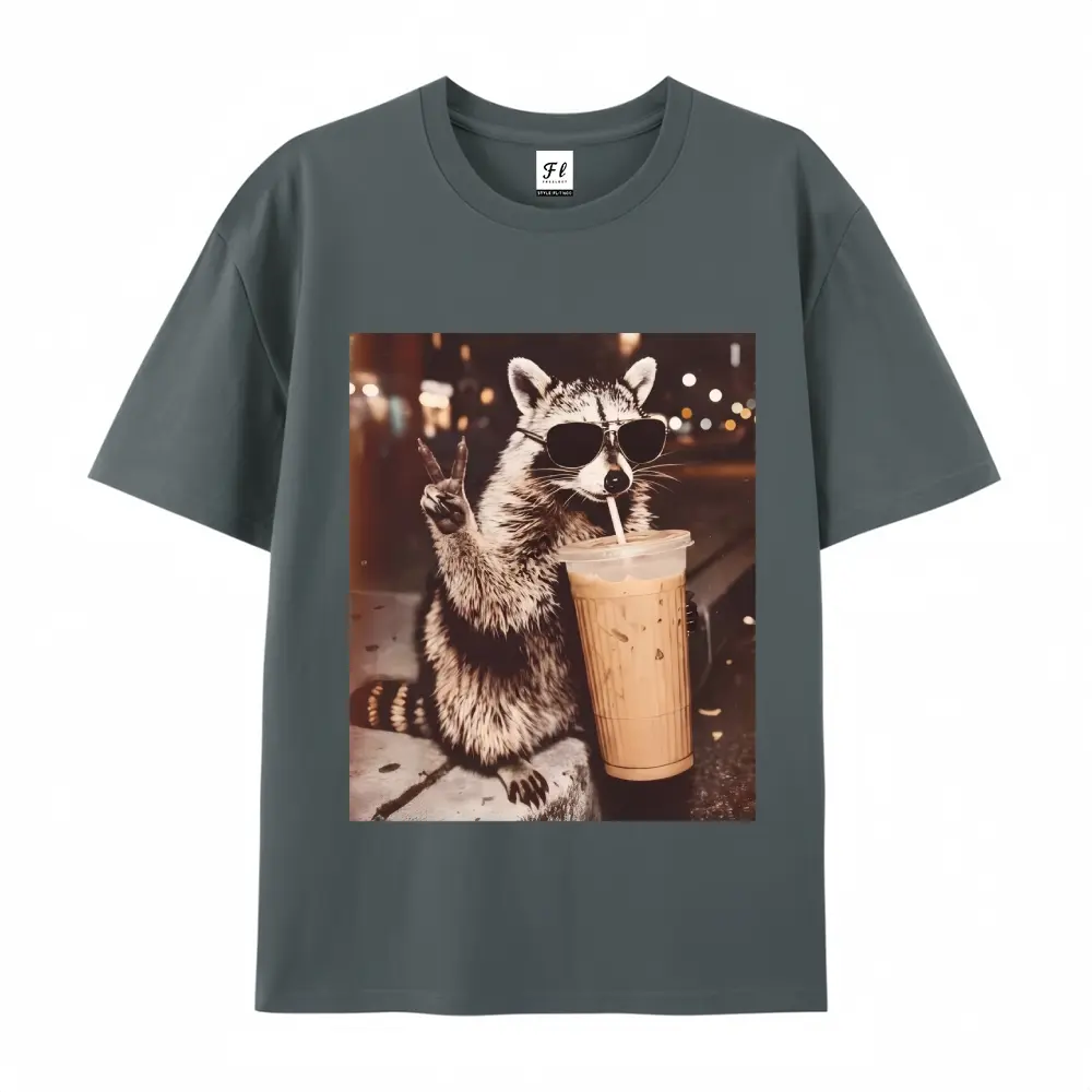 LORA ATCHER Women's Casual Ribbed Cotton Vintage Raccoon Drinking Iced Coffee Tee - Retro Round Neck Funny Animal Meme Top, Everyday 4th of July Gift for Animal Lovers, Animal Meme Print