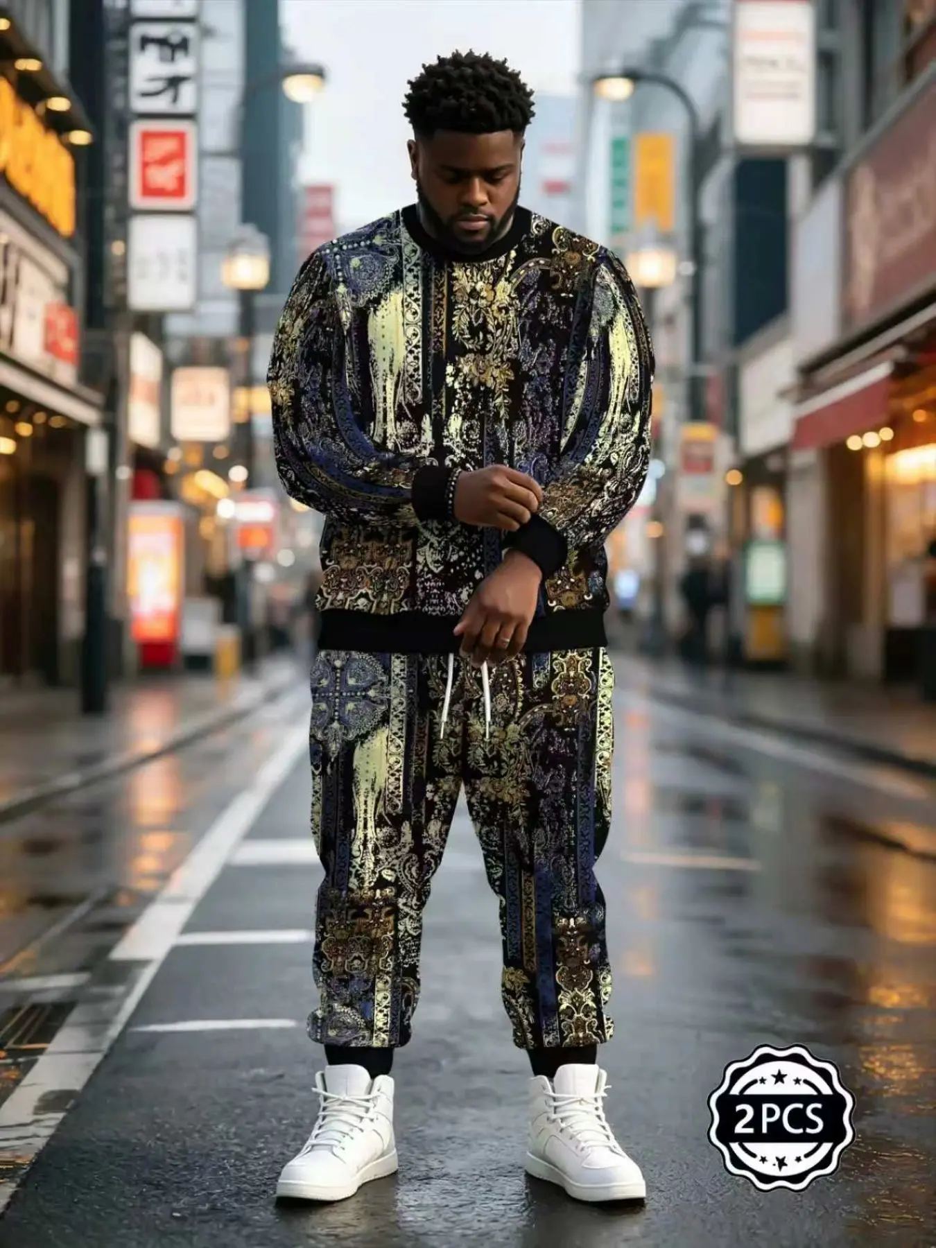 Men's Sportswear Set, Vintage Baroque Paisley Floral 3D Print Sweatshirt + Drawstring Ankle Pants, Loose Fit Streetwear Two-Piece Set
