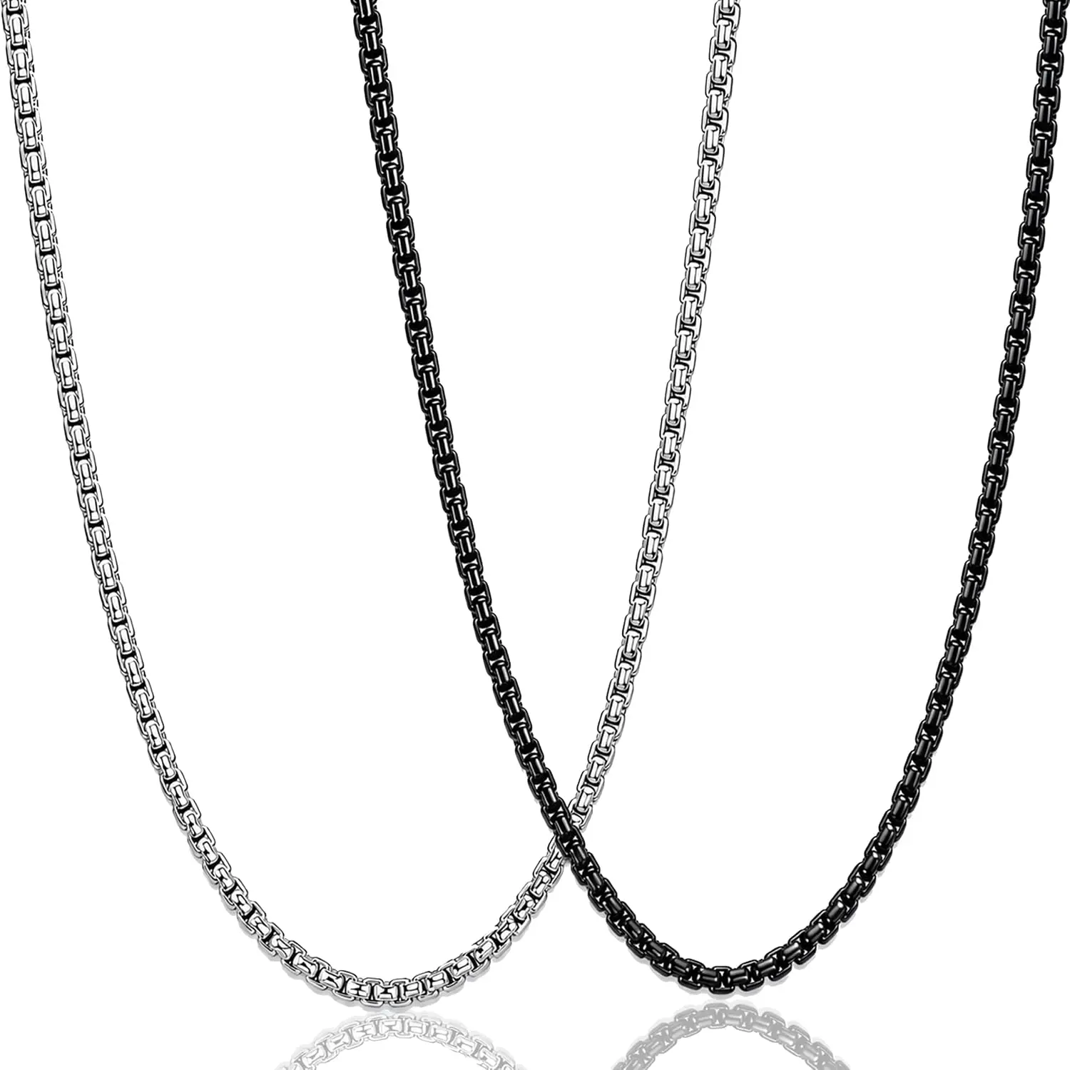 2 Pcs Stainless Steel Box Chain Necklace for Men, 3mm Silver and Black Mens Strong Necklace Chain Set, 18-26 Inches