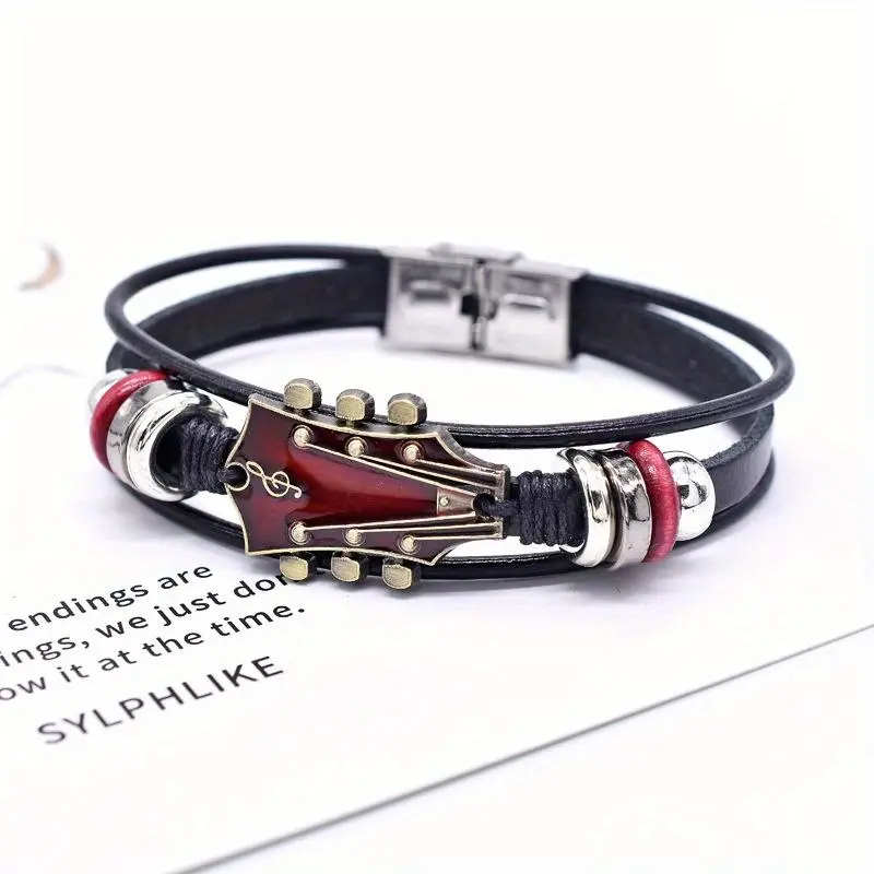 1pc Vintage Guitar Charm Bracelet – Zinc Alloy Music Jewelry with Stainless Steel Clasp, Black & Red Accents, Perfect for Holidays, Birthdays, Valentine’s Day Gifts