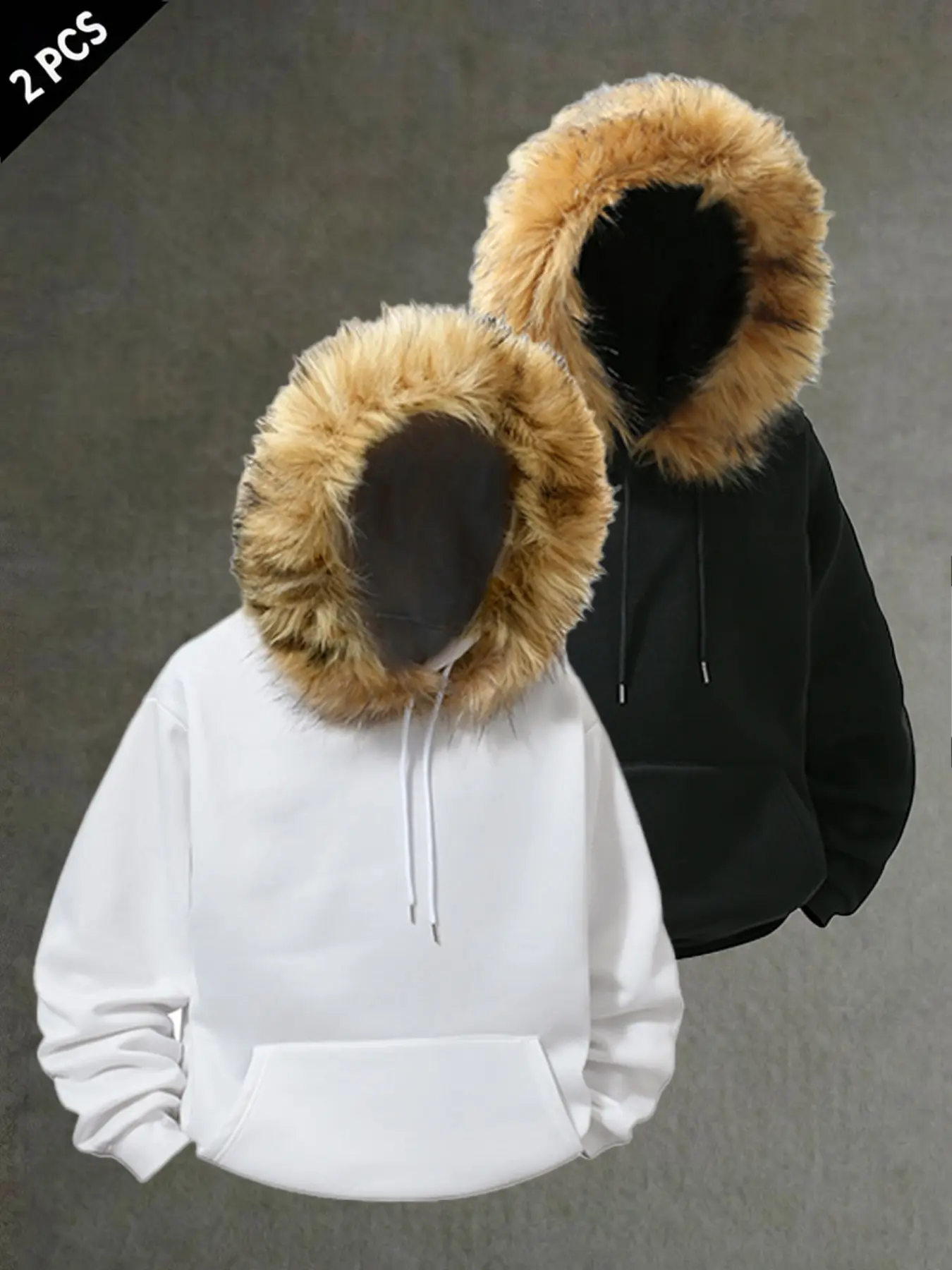 2-Piece Neutral Fur Trim Hoodie Set, Y2K Streetwear Long Sleeve Sweatshirt, Kangaroo Pocket Drawstring, Casual Warm Hoodie for Teens