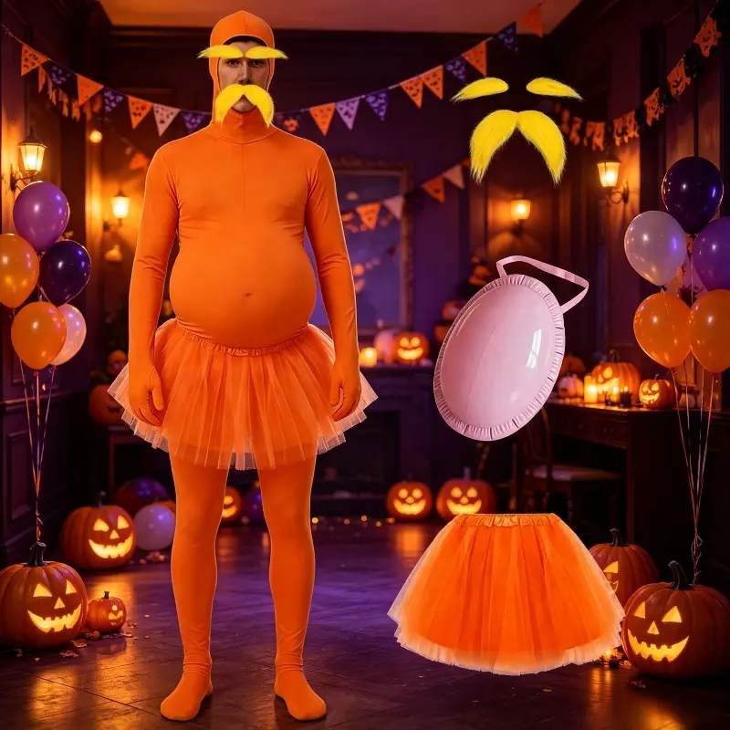 Orange Fake Belly Jumpsuit for Halloween, Unisex Padded Simulated Pregnant Belly Jumpsuit, Prank Costume, Maternity Role-play Outfit for Stage & Party