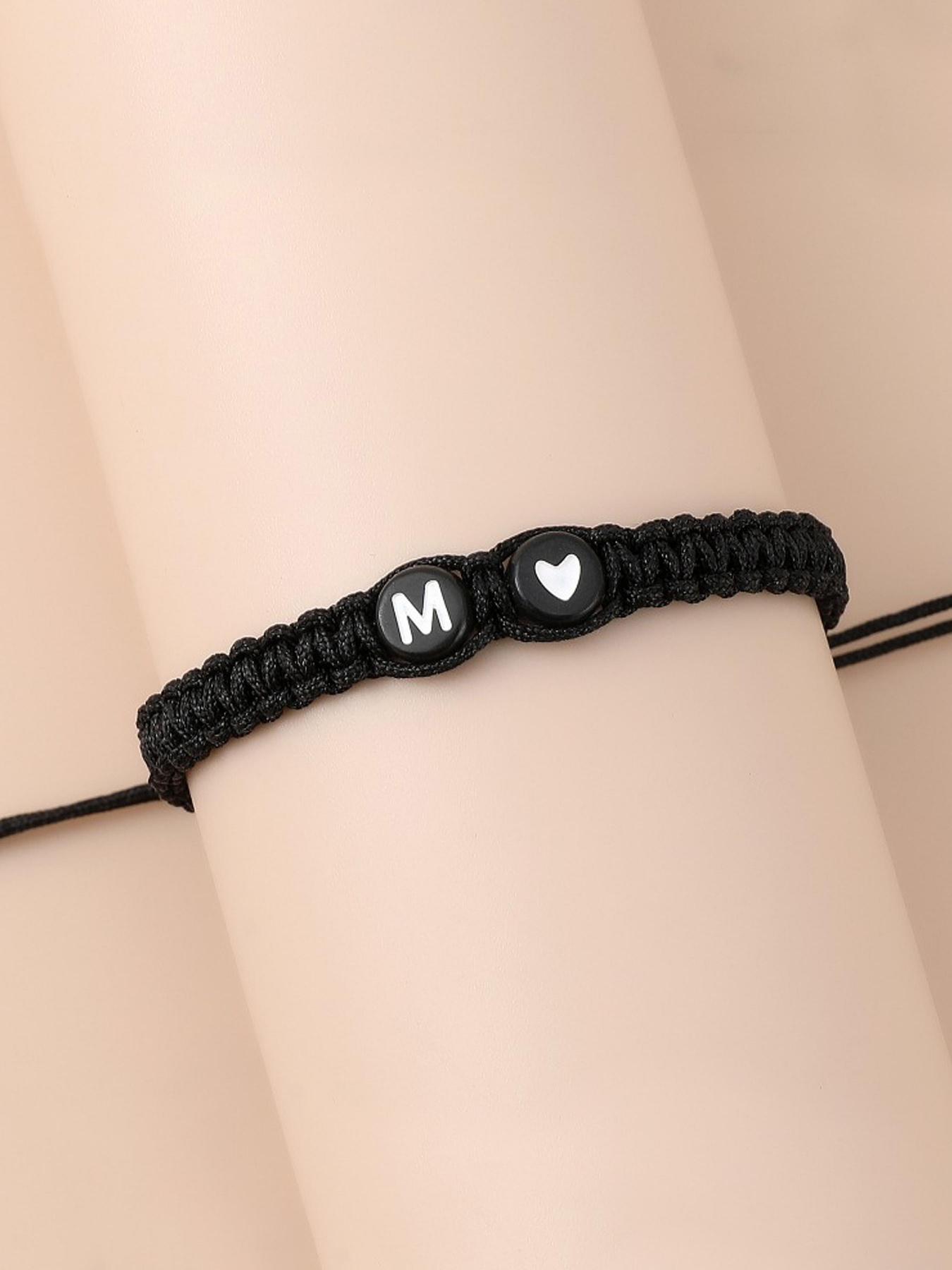 Black and White Heart-shaped 26-letter Braided Hand Rope, Personalized Style Letter Link Bracelet Suitable for Daily Wear Lovers & Girlfriends