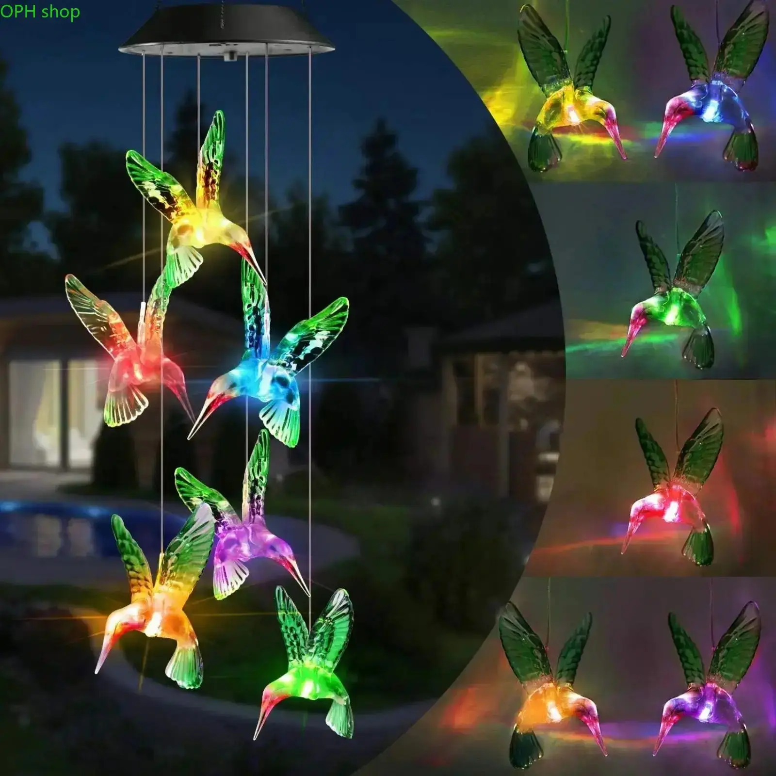 Solar Powered LED Butterfly-Hummingbird Red Bird Wind Chime Light, Waterproof Glow + Chime Combo Outdoor Decor, All Seasons Hanging Garden Lamp for Patio, Yard, Balcony Night Lighting