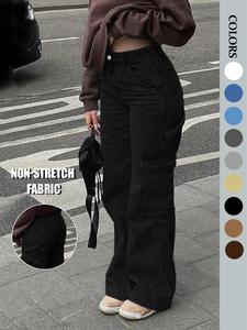 women's plain pocket jeans, y2k casual comfy denim pants for daily wear, ladies bottoms for all seasons, baggy pants, womenswear, streetwear