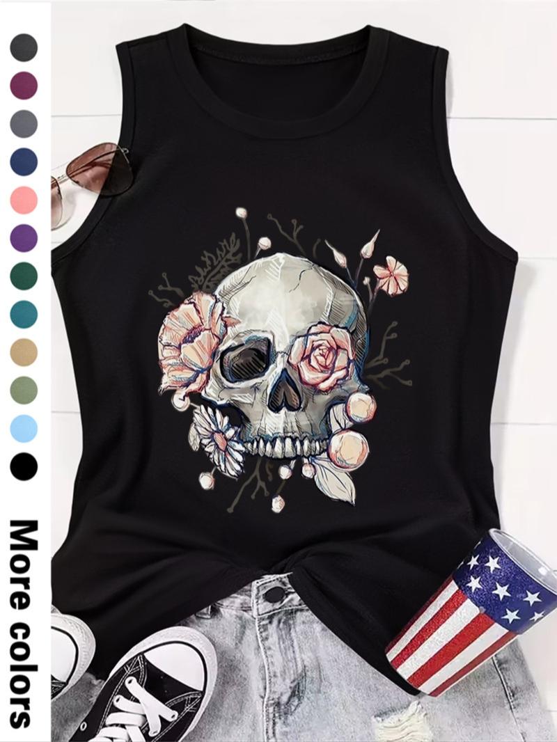 Women's Halloween Floral & Skull Print Round Neck Tank Top, Casual Sleeveless Crew Neck Top for Summer, Ladies Clothes for Daily Wear