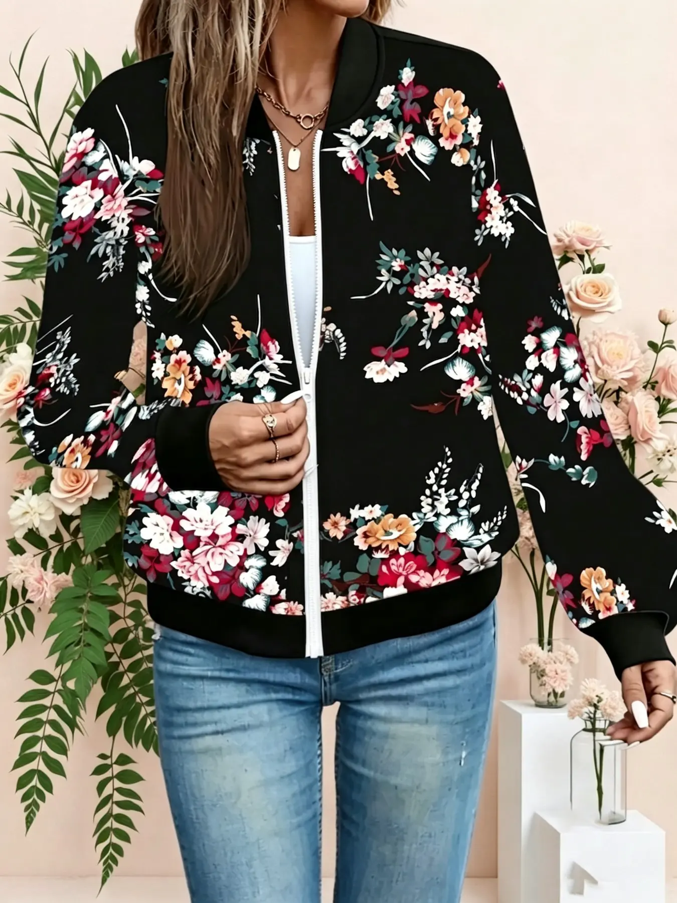 Women's Floral Zipper Baseball Jacket, Base Multicolor Flowers, Stand Collar Long Sleeve, Lightweight Casual Outerwear for Spring Fall