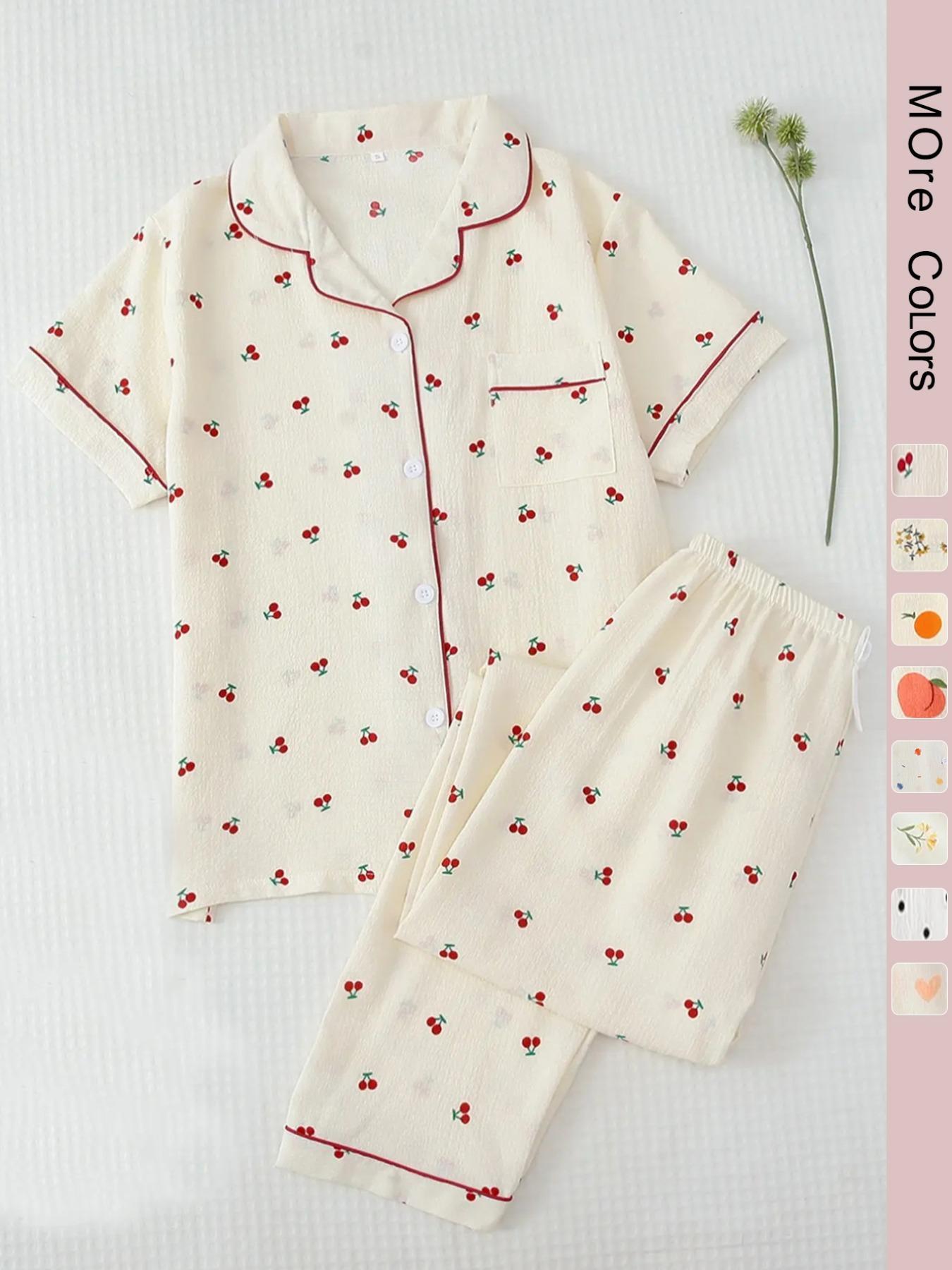 Two-Piece Set Women's All Over Print Pajama Set, Button Front Short Sleeve Shirt & Elastic Waist Pants Lounge Co-ord Set, Casual, Soft Sleepwear Loungewear, Summer Outfits 2024, Lady Summer Homewear, Loungewear