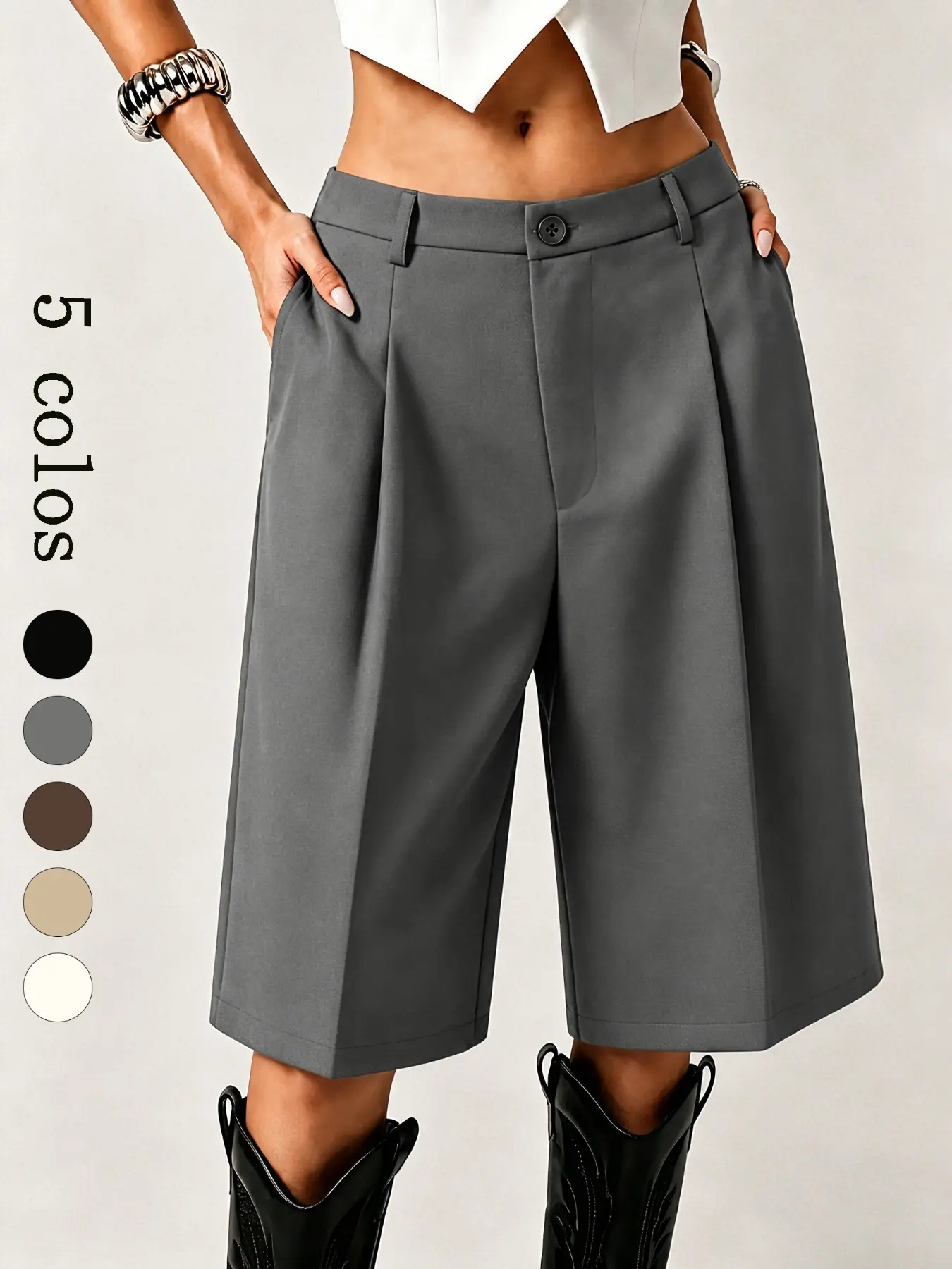 F3920 Chic Casual Athletic Women’s Culottes, High Waisted Front Press Pleats with Loose Broad Leg, Functional Hand Pockets Suited for Daily Commute, Romantic Meetups, Streetwear and Festival Occasions.