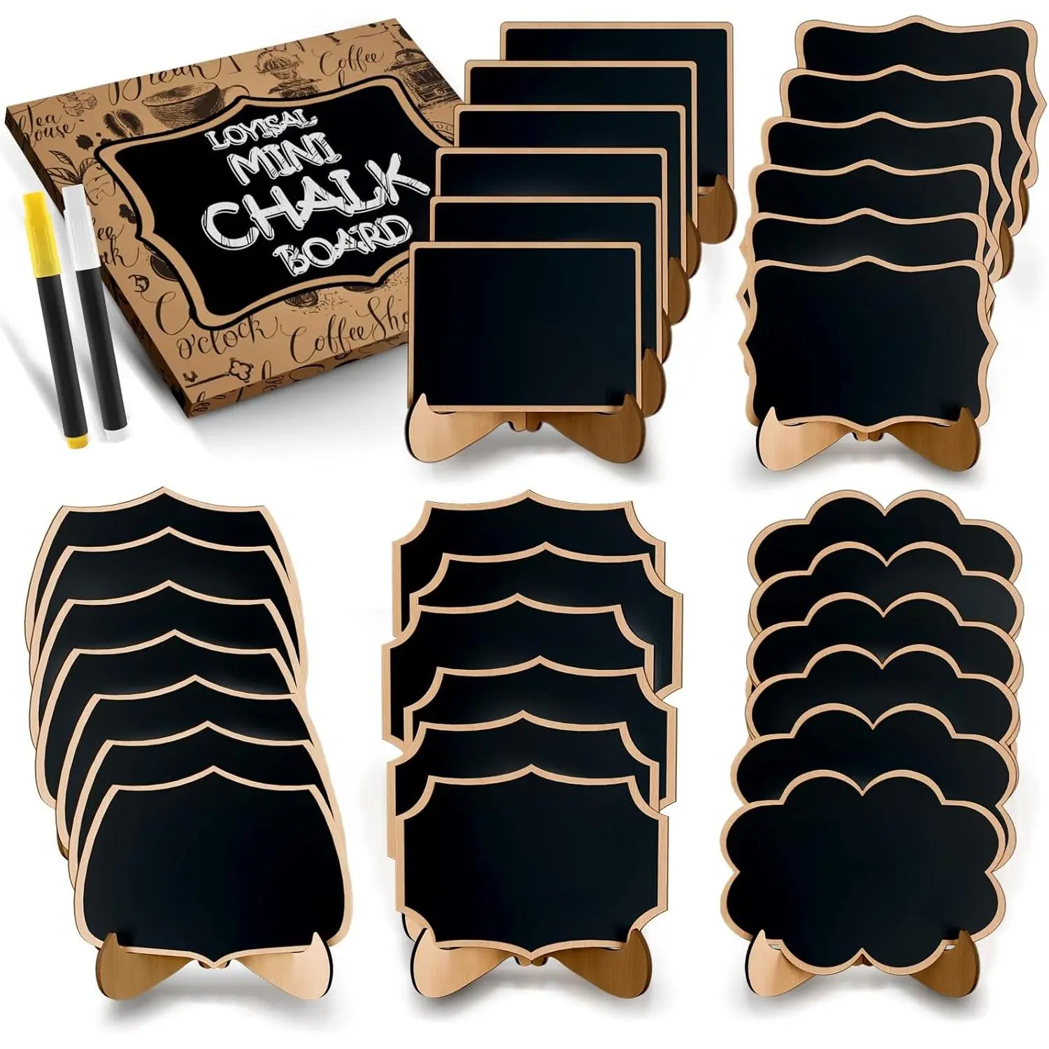 Mini Chalkboard Signs for  Labels- 30 Pack Small Wooden Framed Blackboard for Wedding Table, 5  Shapes for Party Buffet Decor,  Place Cards or Dessert Table Display Set