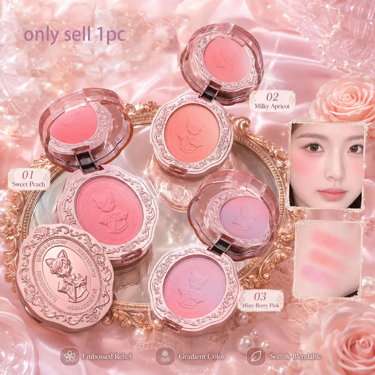 Kakashow Gradient Blush Powder, Court Style Low Saturation, Long-Lasting Natural Look, Youthful Feminine Makeup, Single Item Balm, Everyday Cosmetics Makeup