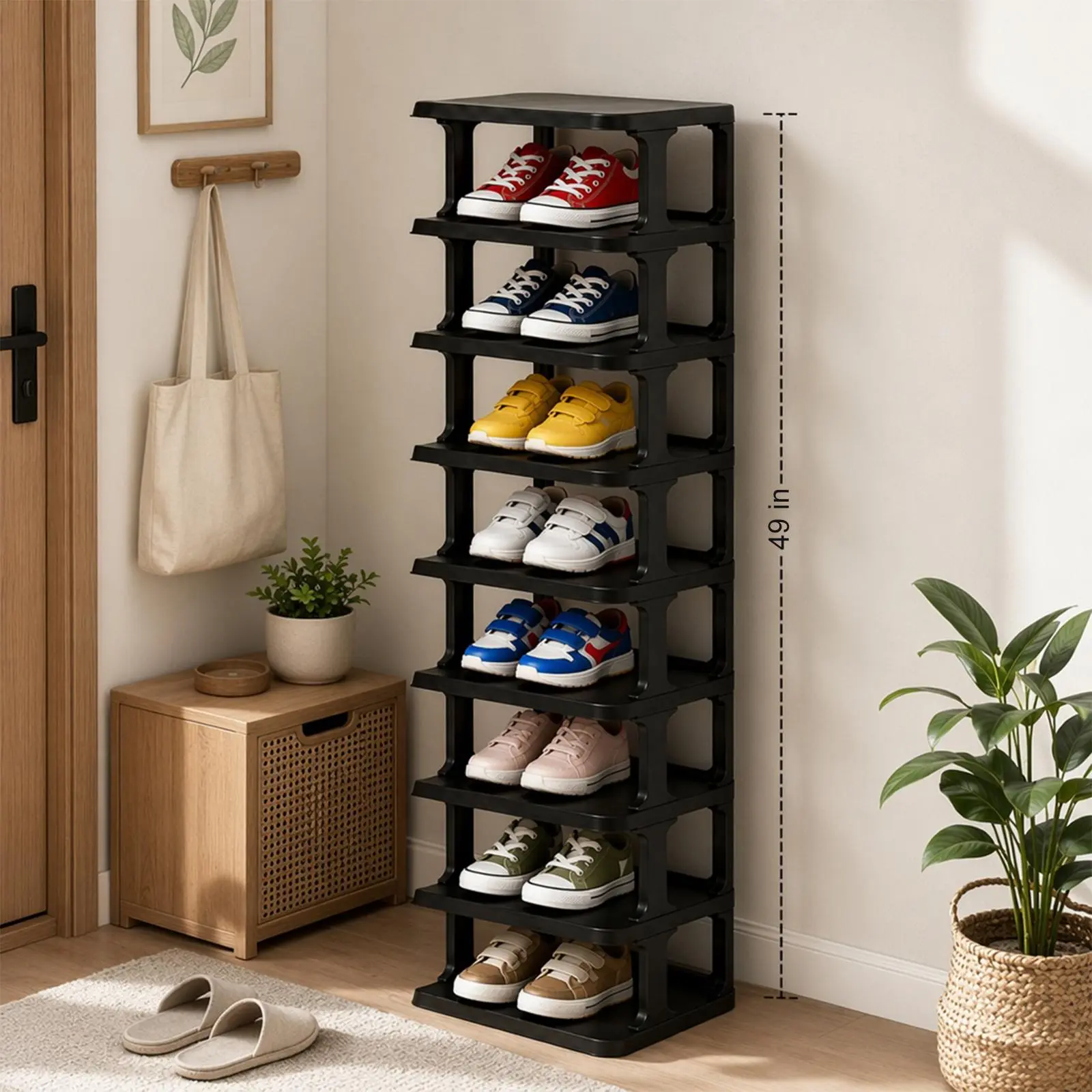 Shoe Organizer Rack for Small Spaces 9 Tier Children's Shoe Rack Plastic Vertical Narrow Shelves for Closet Black Shoe Holder, Stand for Entryway Storage Boots Organizer Stackable Cabinet