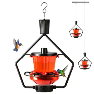 Retractable Hummingbird Feeder for Outdoors with 44" Extension Adjustable Hanging Cord, 4" Top-Fill Wide Mouth, 18.5 oz Capacity with 6 Feeding Ports, Leak-Proof & Ant Bee Resistant, Black