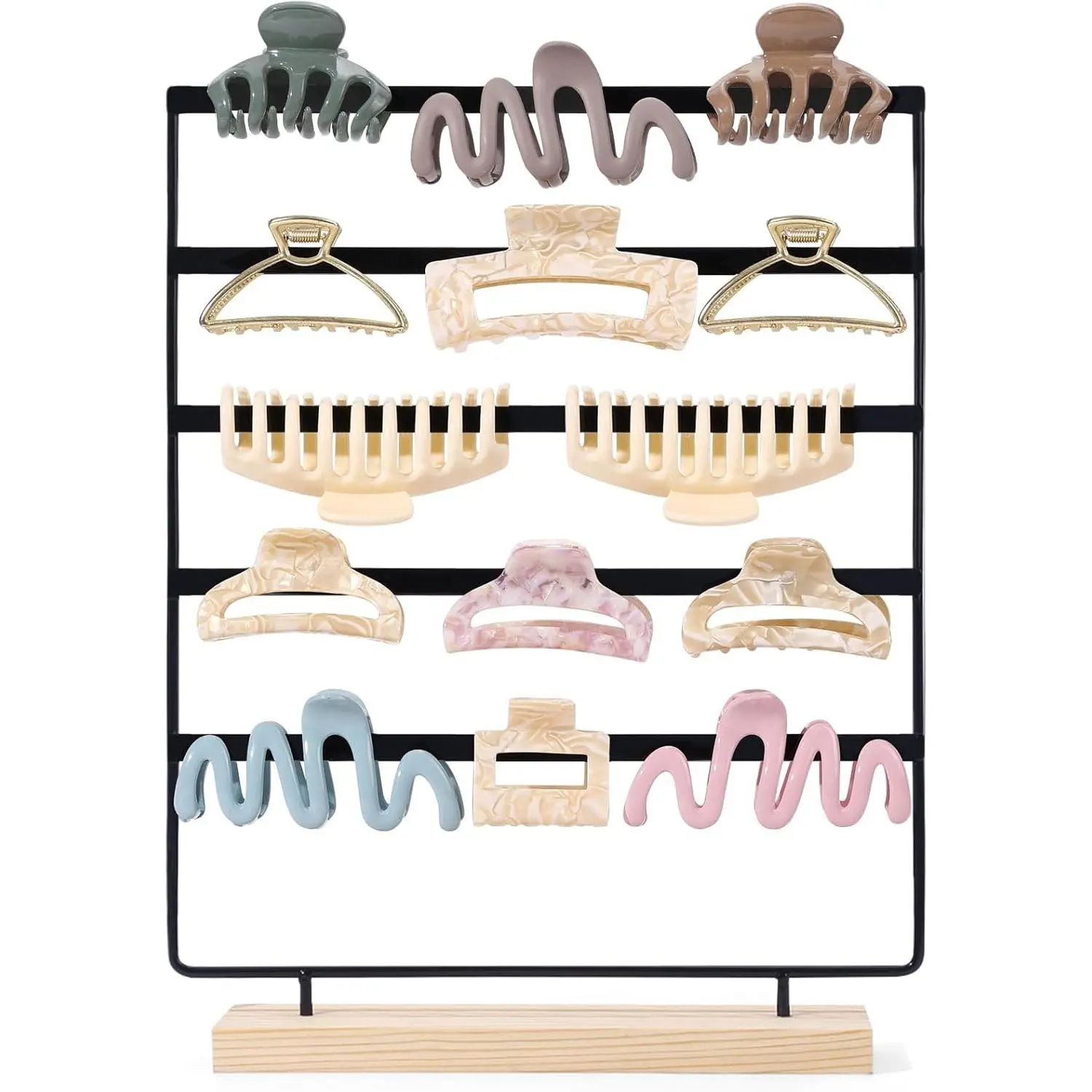 Hair Claw Clip Holder Organizer - 5 Tier Iron Rod Hair Clip Holder Storage for Women Girls, Wood Base Desktop Organizer