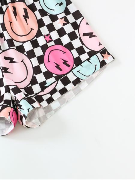 Women's Sleepwear Set, Smiley Face Print Pajamas, Lapel Button Short Sleeve Top & Elastic Shorts, Casual Fitted Nightwear