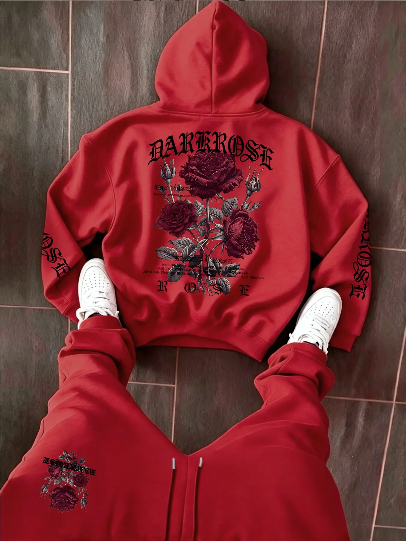 Men's Dark Rose Gothic Print Hoodie Tracksuit, Streetwear 2-Piece Outfit, Casual Long-Sleeve Pullover + Straight-Leg Pants, Y2K Aesthetic Daily Wear Set