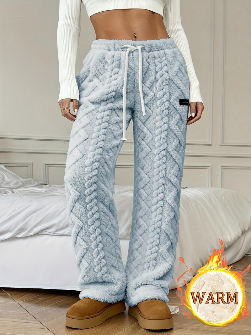 Women's Winter Lined Casual Pants - Jacquard Fabric & Drawstring Waist, Suitable for Home/Outdoor Wear Women's Winter Lined Casual Pants - Jacquard Fabric & Drawstring Waist, Suitable for Home/Outdoor Wear