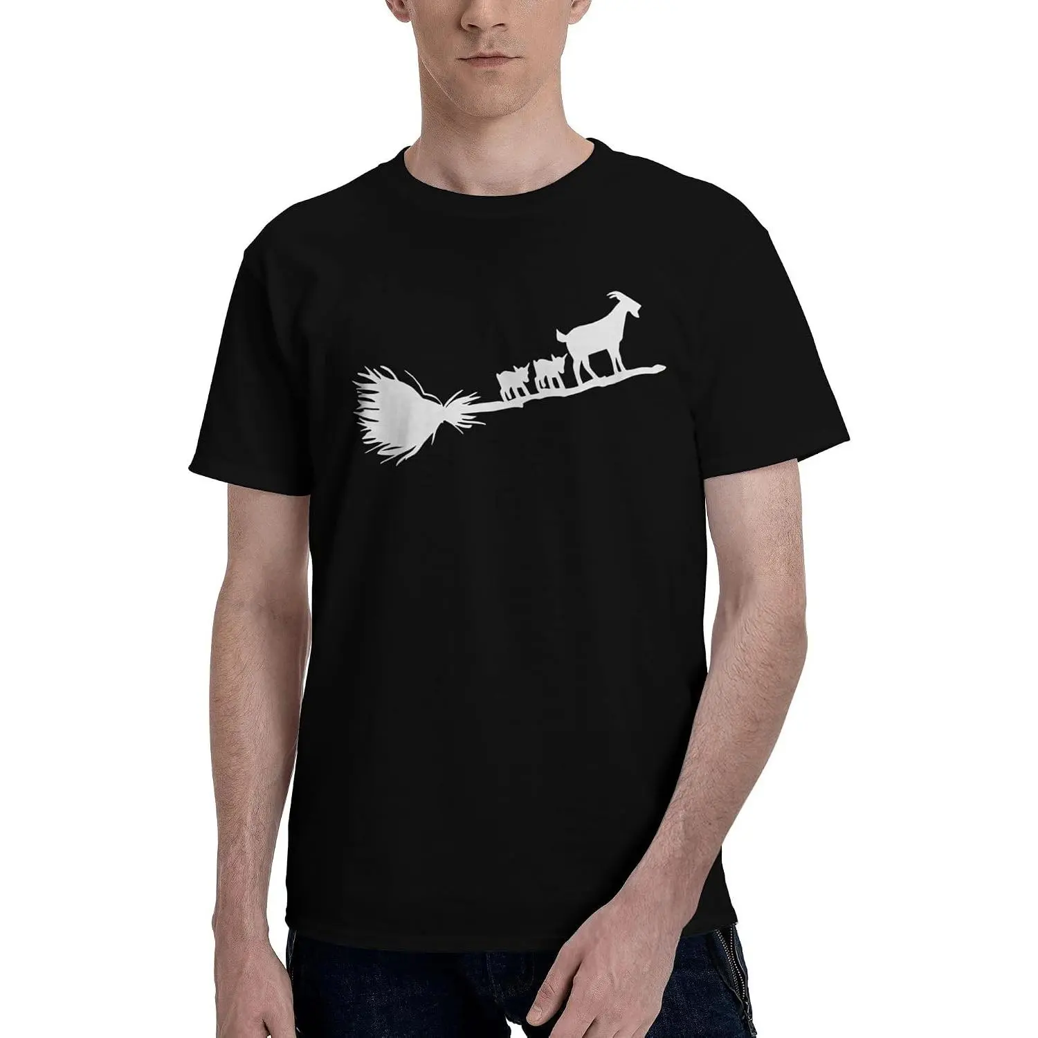 Goats Family on Halloween Witch's Broom T-Shirt Mens Short Sleeves Crewneck Gym Tee Shirt Travel Beach Camping Tops