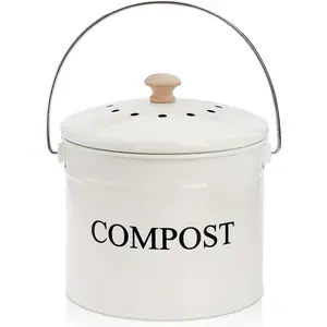 Compost Bin Kitchen Countertop, 1 Gallon Composter Pail, Food Waste Composting Bucket, Odorless Trash Keeper Container, White Scraps Caddy with Charcoal Filter, Carrying Handle, Lid