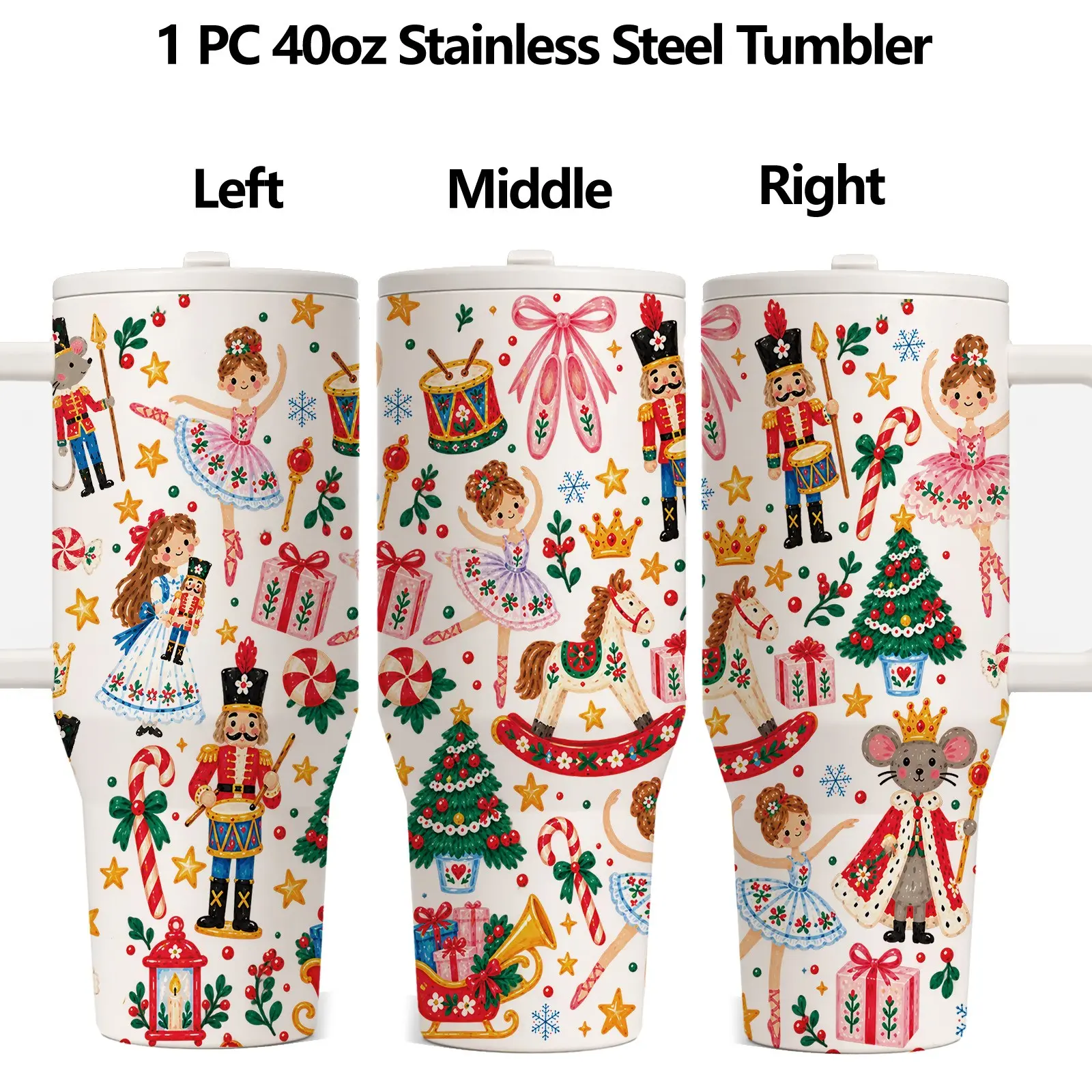 1PC 40oz Nutcracker Christmas Tumbler with Handle, Ballerina Holiday Insulated Stainless Steel Travel Cup, Double Wall Large Capacity Coffee Water Mug, Cup Holder Friendly, Festive Christmas Gift