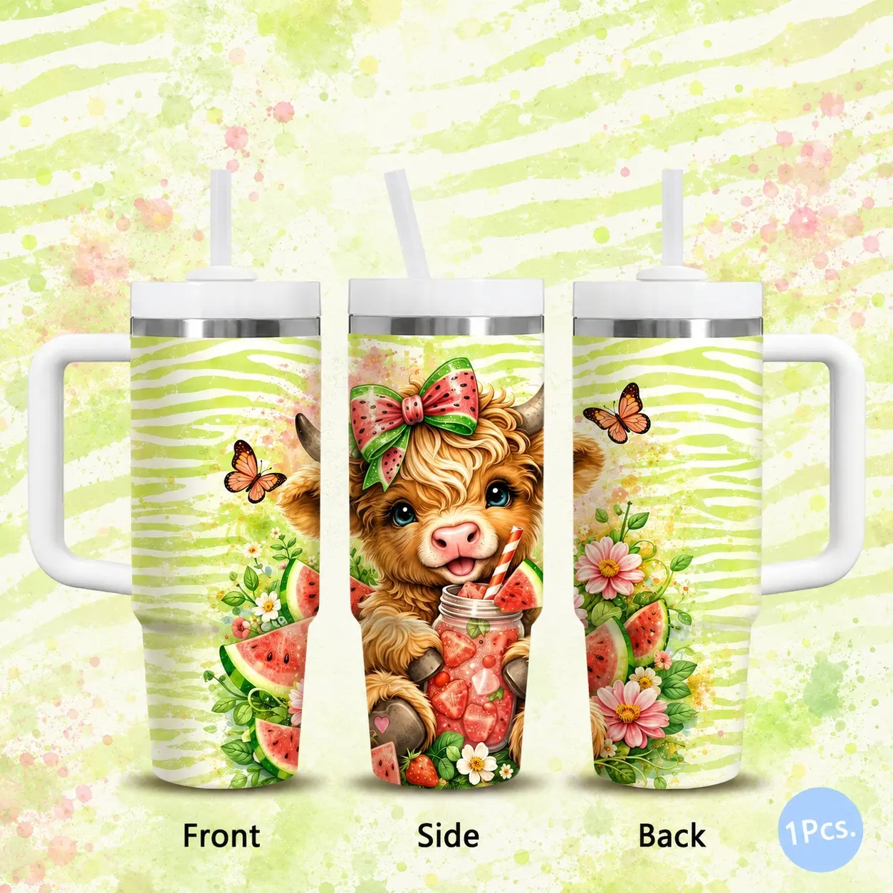 Watermelon Highland Cow Vacuum Flasks 40oz Stainless Steel Vacuum Insulated Tumbler with Handle & Straw | Long-Lasting Cold & Heat Retention, Leak-Resistant | For Iced Coffee, Water, Office, Gym & Travel