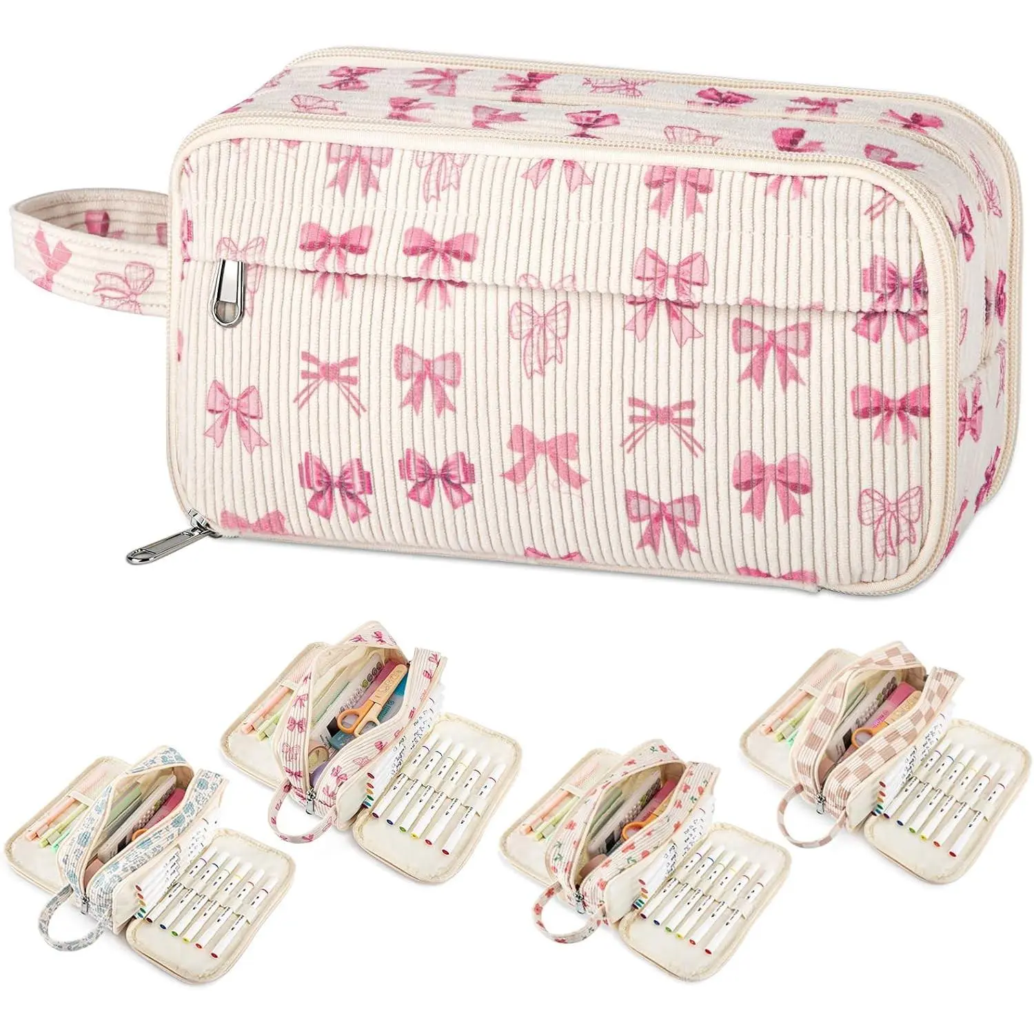 Cute Extra Large Corduroy Pencil Case with Bow Handle, 4 Compartments & Multiple Pockets - Marker Crayon Pen Storage Organizer for School College Kids Girls Boys GiftGift