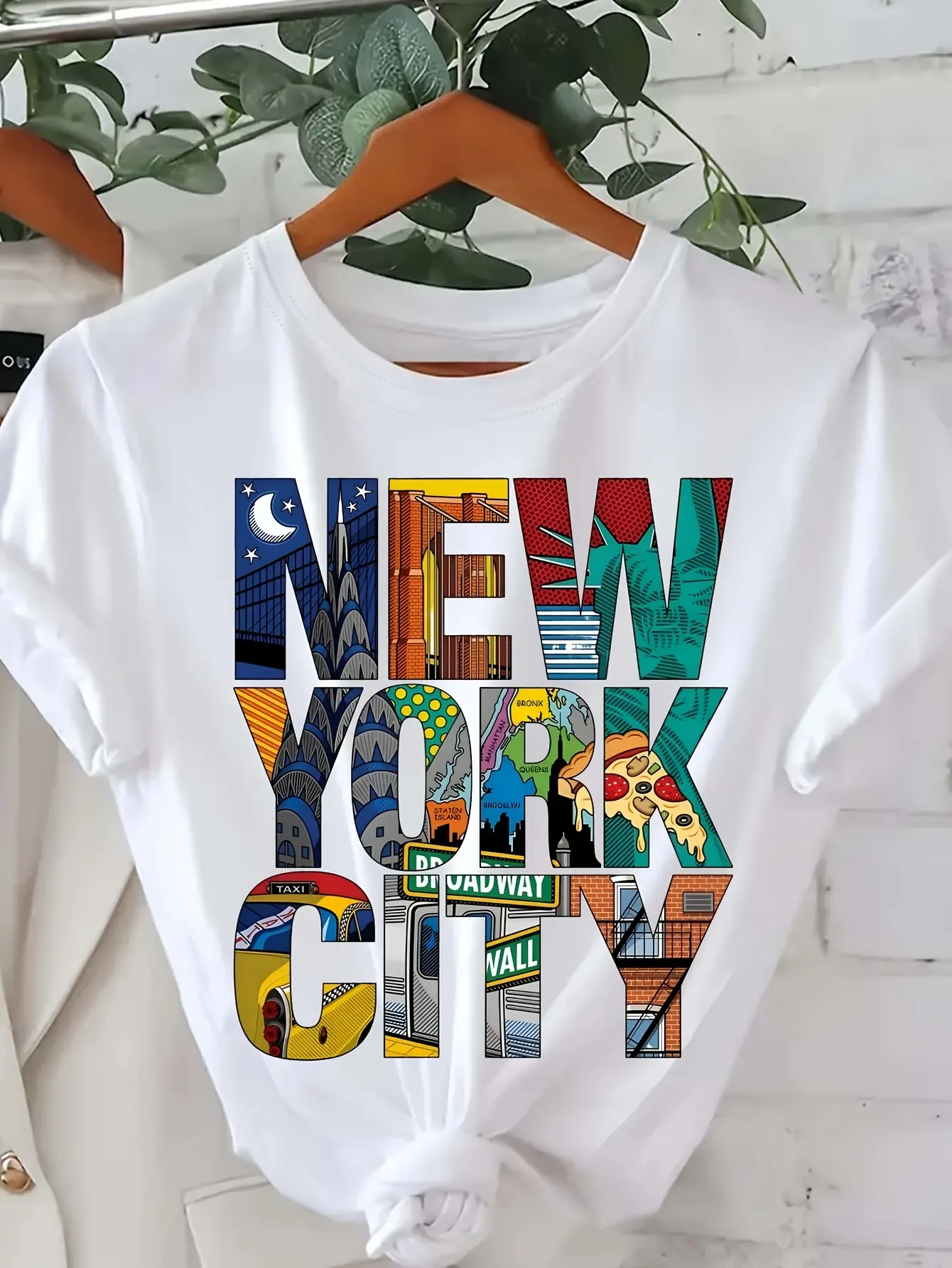 Women's Short Sleeve Cotton Knit Stretch T-Shirt - Regular Cut Graphic Print NYC Orienteering Casual Round Neck Top with Skyline & Geometric Map, Machine Washable Urban Navigation Tee