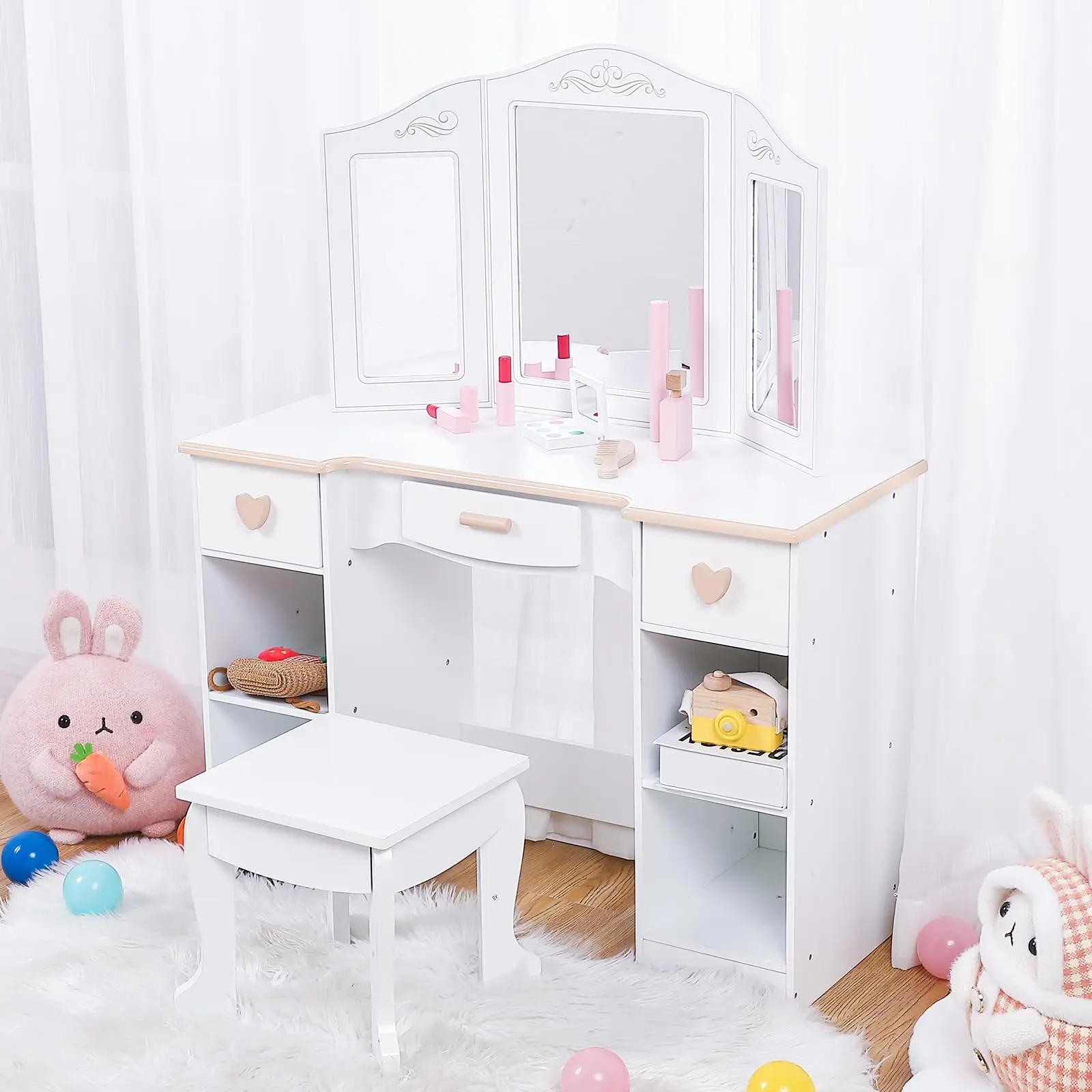Wooden Makeup Vanity Set with Tri-Fold Mirror, Rectangular Comfortable Stool, Playful Wooden Makeup Playset for Imaginative Role Play and Stylish Organization
