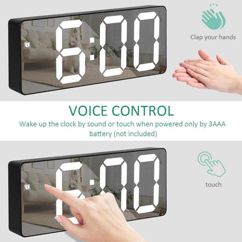 Mini Size Mirror LED Clock Simplicity Colorful Alarm Clocks Ultra Portable Travel Bedroom Bedside Clock 12/24H Display 6.3inches Large Display LED Digital Snooze Time Date Temperature Memory 3 Brightness Adjustable USB/Battery Powered Living Office Desk