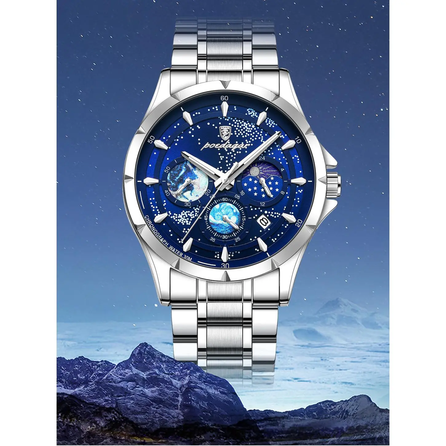 Men's Ultra-Slim Sports Watch - 42mm Chronograph Quartz Watch, Onion Crown, Luminous Moon Phase, Tachymeter, 50M Water Resistant, Stainless Steel Band, Round Face Men's Ultra-Slim Sports Watch - 42mm Chronograph Quartz Watch, Onion Crown, Luminous Moon Phase, Tachymeter, 50M Water Resistant, Stainless Steel Band, Round Face