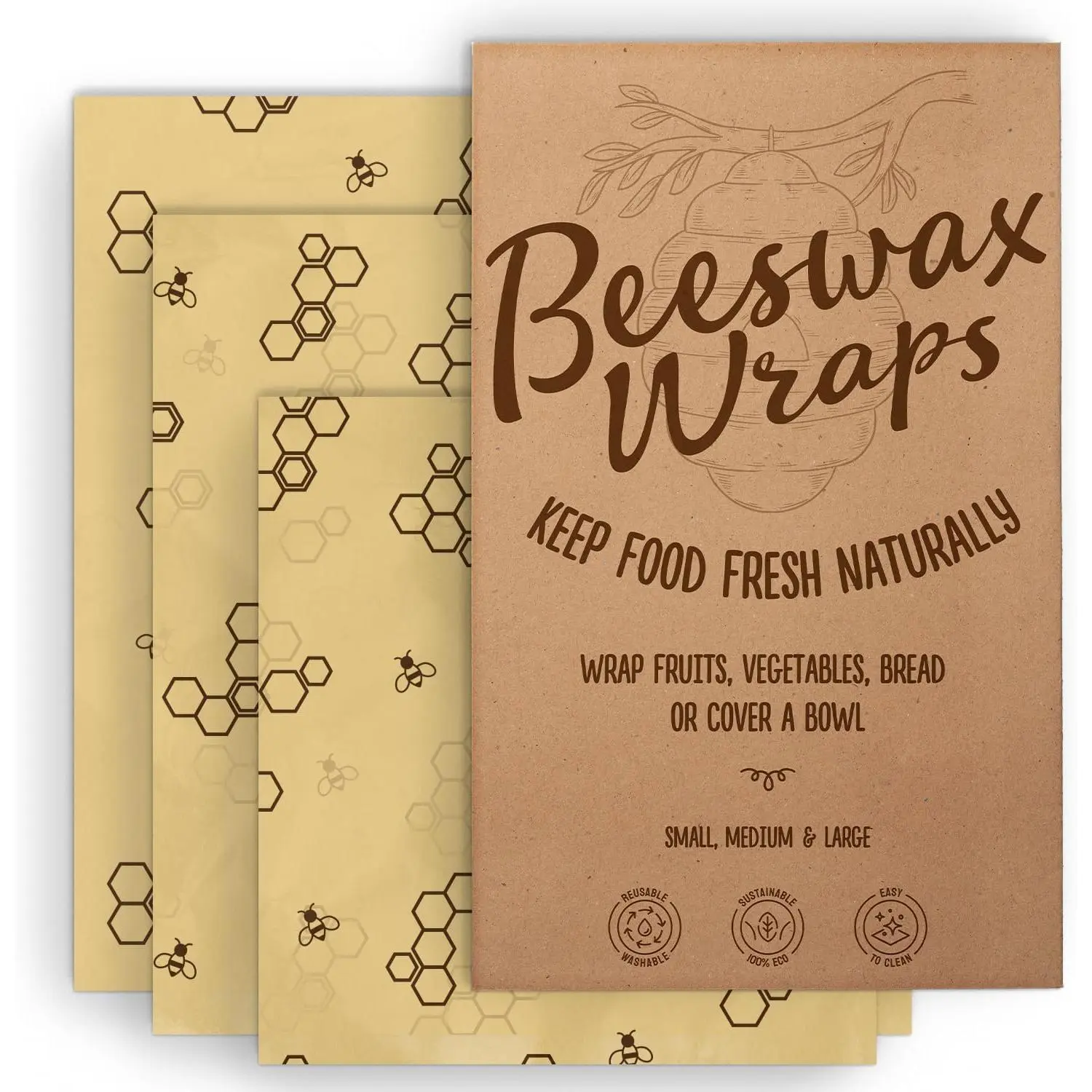 ’s Wrap ,  Beeswax  Wraps,    Storage,  Pack of 3 (S, M, L) - Sustainable, Durable, Washable