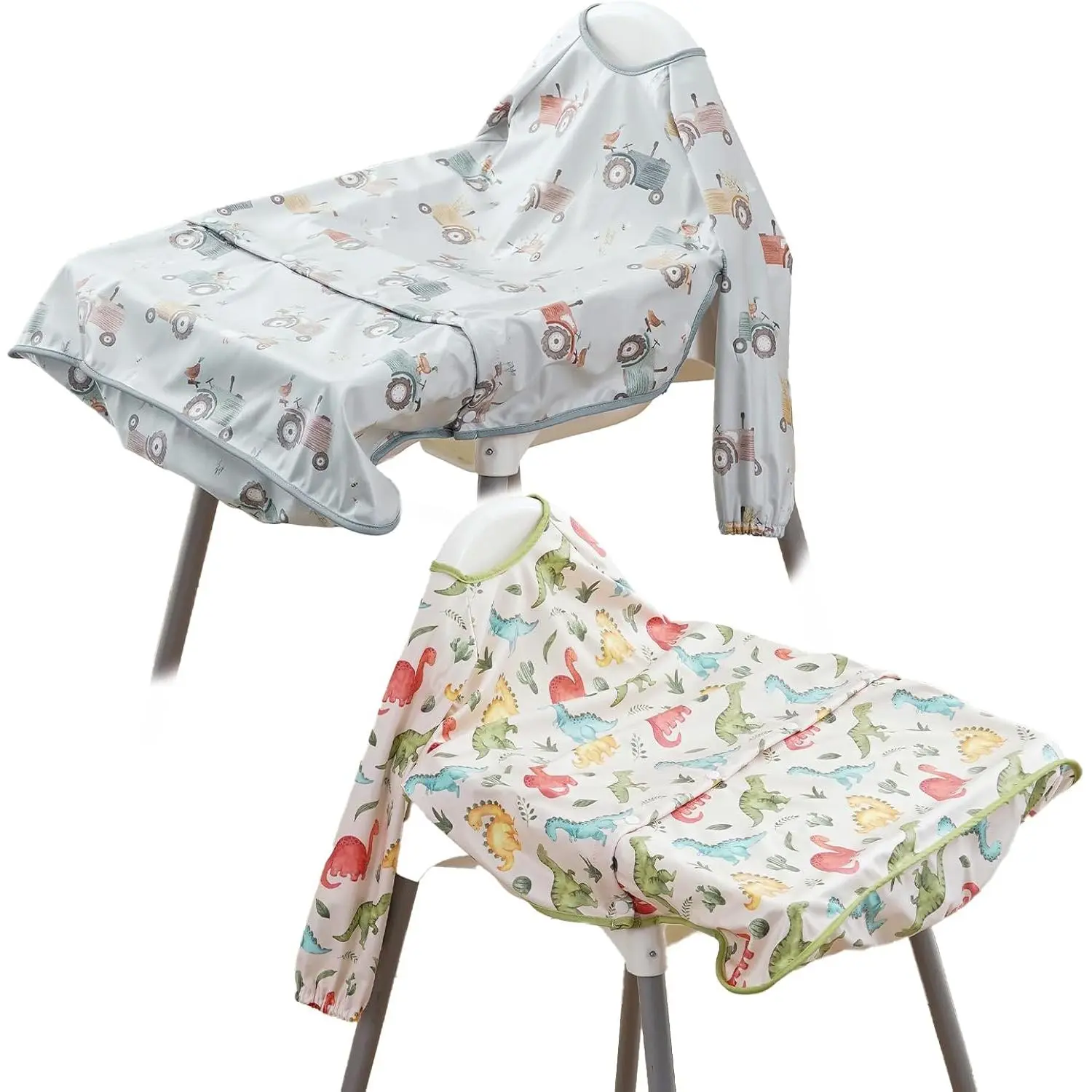 2-Pack Long Sleeve Bib,Coverall Bibs for Eating,Waterproof,Attaches Highchair&Table,Ages 1 3 Years
