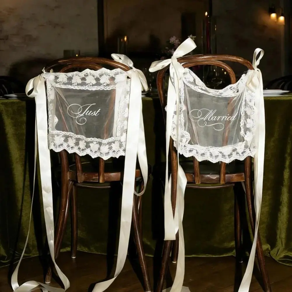 2pcs Lace Just Married Chair Sign for Bride & Groom Wedding Sheer Lace Signs Wedding Chair Banners