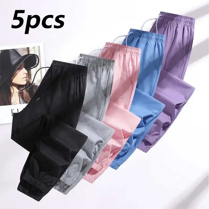 Five-pack women’s all-season casual long pants—women’s casual athletic pants with a drawstring waist and side pockets, suitable for outdoor activities and hiking. Camping, gym wear, women’s running pants