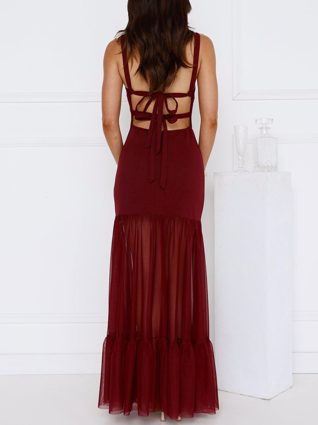 Elegant Backless Tull Slim Evening Party Dress Solid Women Wedding Guest Dress Gown