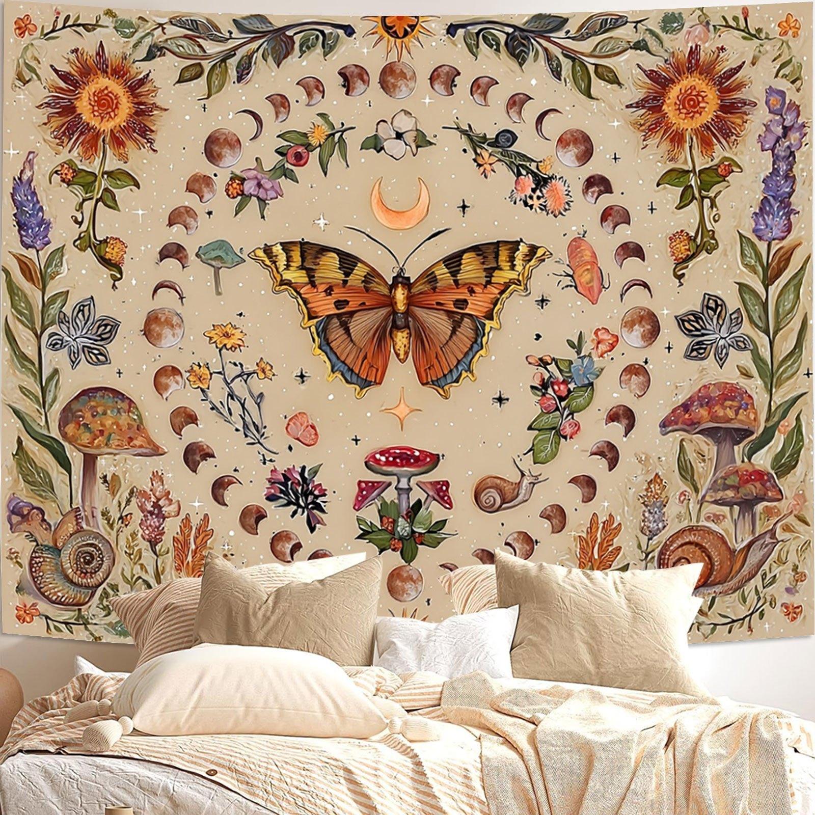 Sun and Moon Tapestry Vintage Boho Wall Hanging, Large Aesthetic Room Decor with Butterflies & Flowers Magic Garden, Oversized Wall Art for Bedroom Living Room Dorm Party